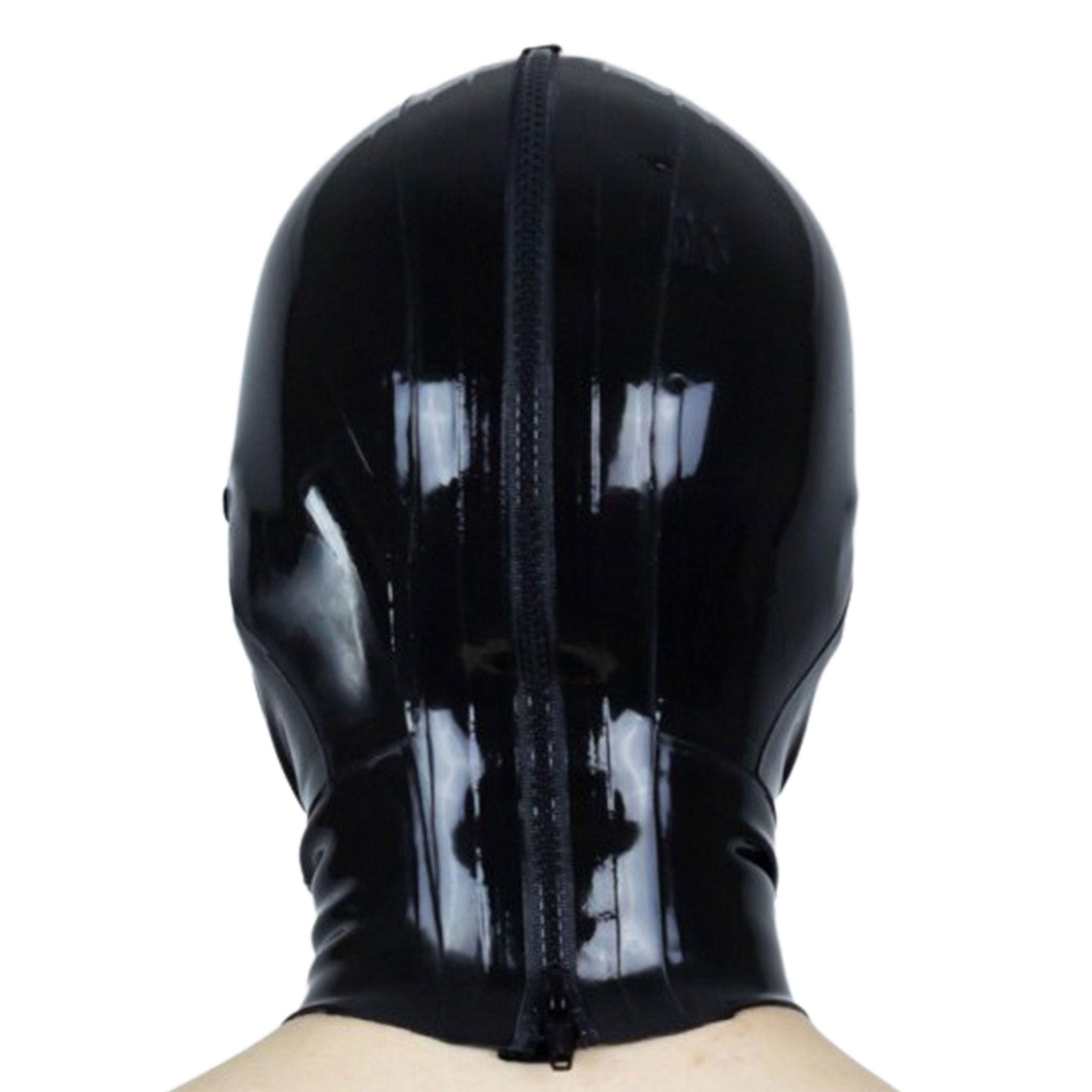 Latex rubber cut-and-glued hood mask 2-layer two-layer enclosed enclosure sensory-deprivation inner inside anatomical deprive block back zip zipper bondage bdsm bdsm-gear bdsm-play kink kinky kinky-play extreme accessories black