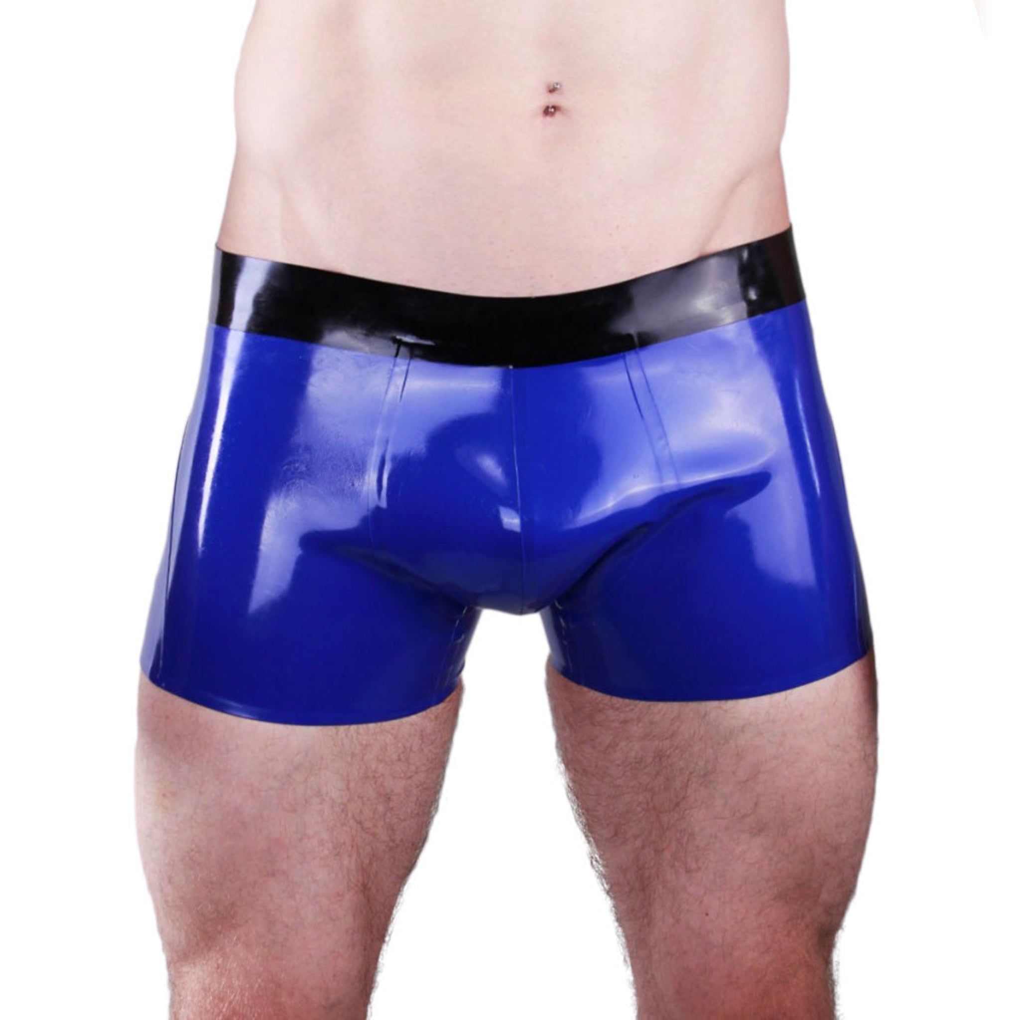 High-shine latex shorts with a contrast waistband, seamless back, and a sleek, form-fitting design.