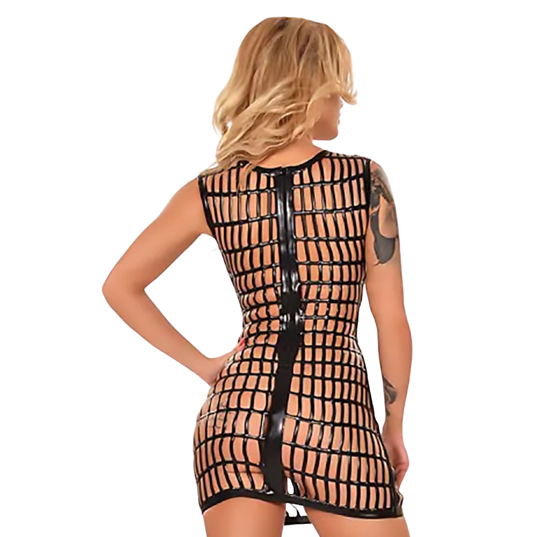Latex rubber 3d-printed dress minidress mini-dress fishnet fish-net wide-mesh sleeveless back-zip zipper high-quality secure soft comfortable sexy daring bold confident date-night spicy seductive seduction empowered empowering fashion fetish fashion-forward head-turner head-turning female femme feminine womens black