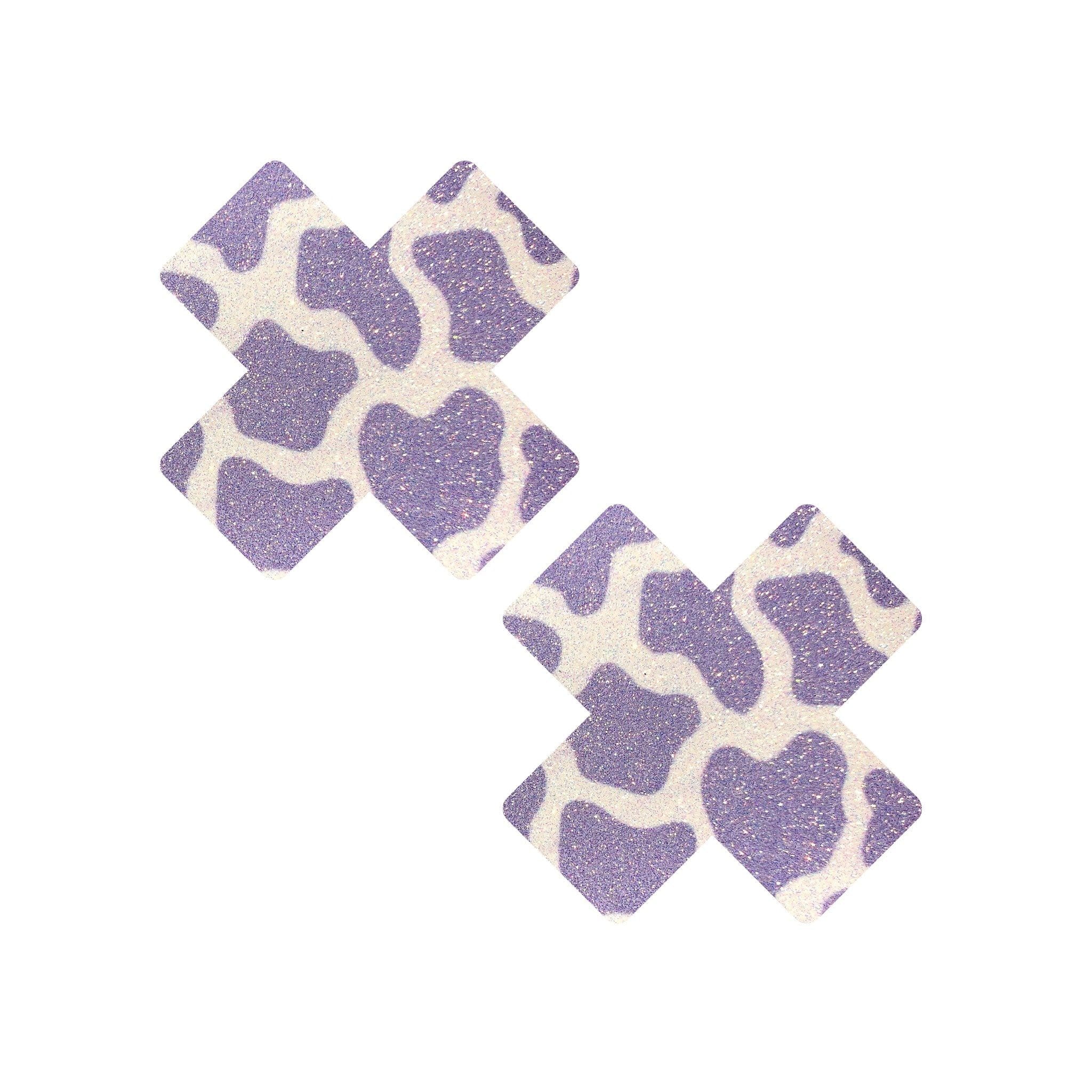 Adhesive medical-grade swimsuit-material self-adhesive glitter hypoallergenic latex-free accessories intimates pasties nipple-pasties nipple nipple-covers breast-covers breast-shields x-shaped soft sweet fetish fashion alt-fashion kink kinky farm-play animal-play pet-play cow cow-print cow-pattern udder milking milkers rave ravewear festival club clubbing clubwear costume cosplay halloween female femme feminine unisex lavender white