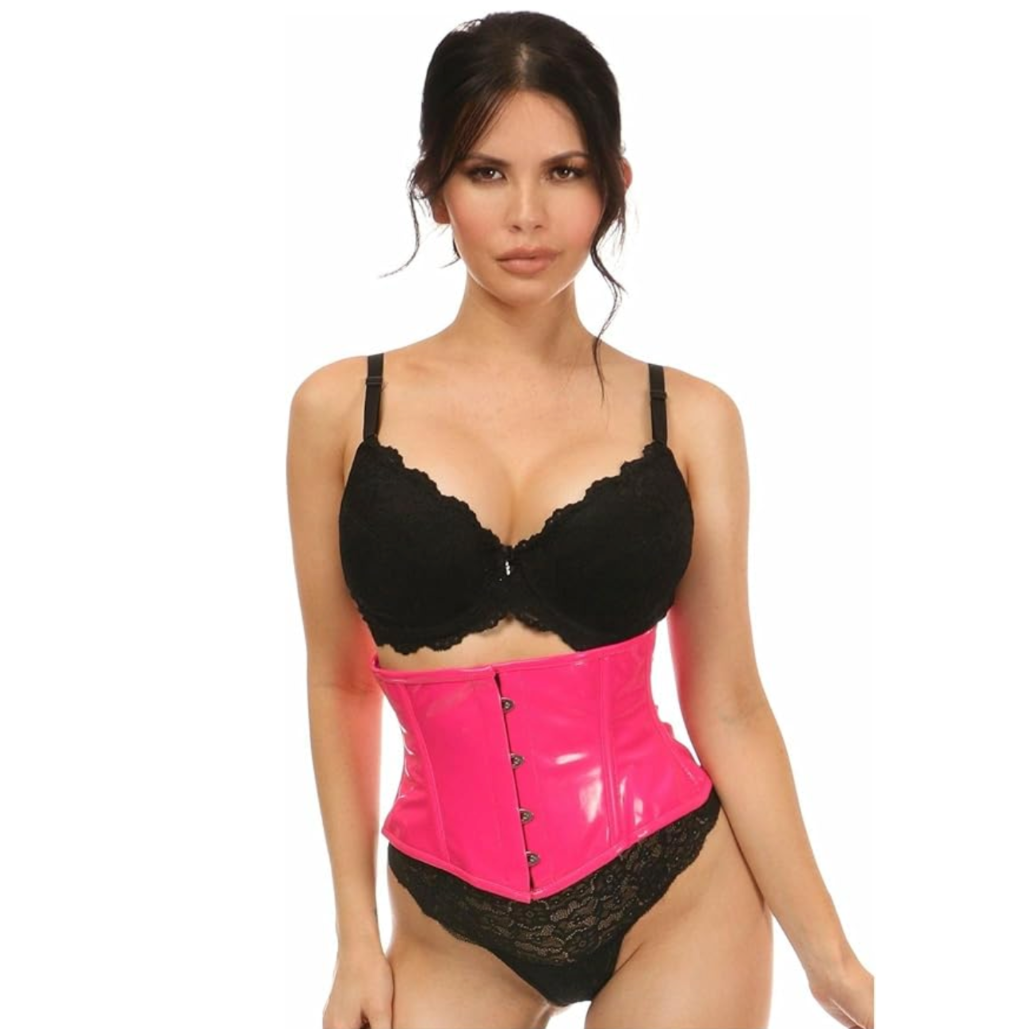 hot pink PVC mini cincher, patent leather waist corset, plastic and steel boned underbust, lace-up pink corset belt, fetish hot pink corset