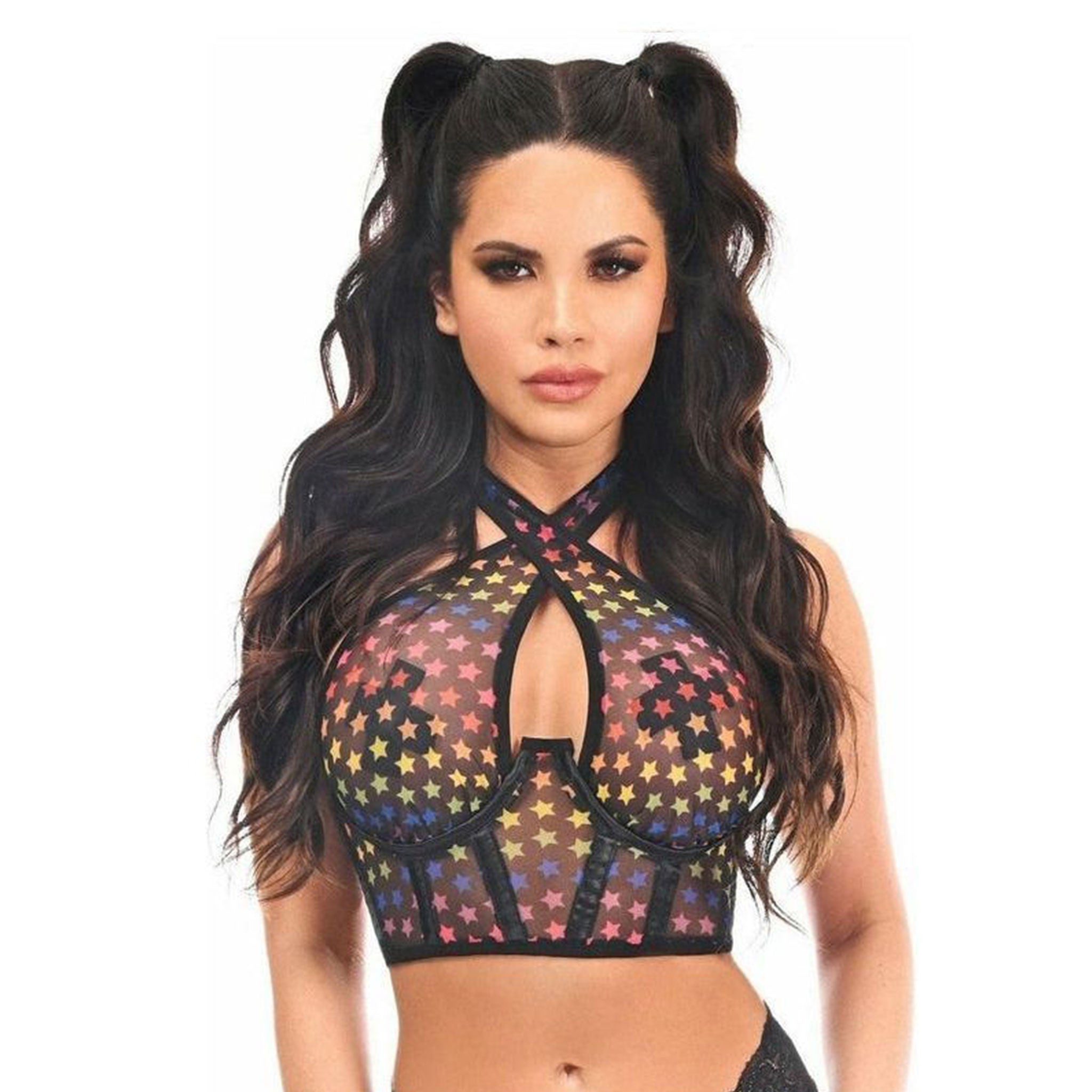 Polyester mesh cotton apparel top halter-top combination-top croptop crop-top halter-neck halter sleeveless corset cincher underwire-cincher under-bust boning plastic-bones hook-and-eye back-closure stretchy built-in over-bust overbust-corset tie-back keyhole fetish fashion alt-fashion ravewear raver-babe festivalwear kink kinky kinkwear female femme feminine womens black rainbow star-print pride lgbtq