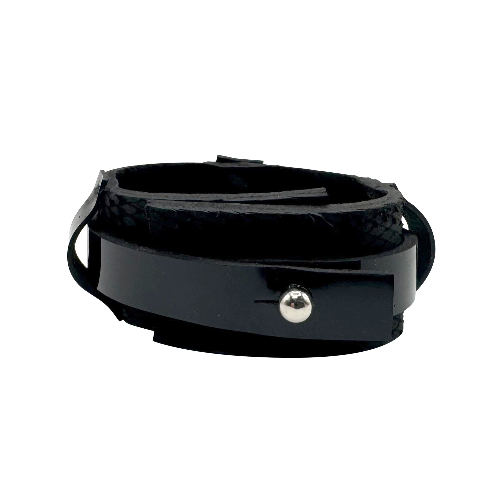 Leather embossed-leather patent-leather accessories arm-gear bracelet texture scaly snake snake-embossed animal layered studs studded squared-studs bold glossy shiny exotic rebellious refined fashion alt-fashion club clubwear unisex black silver