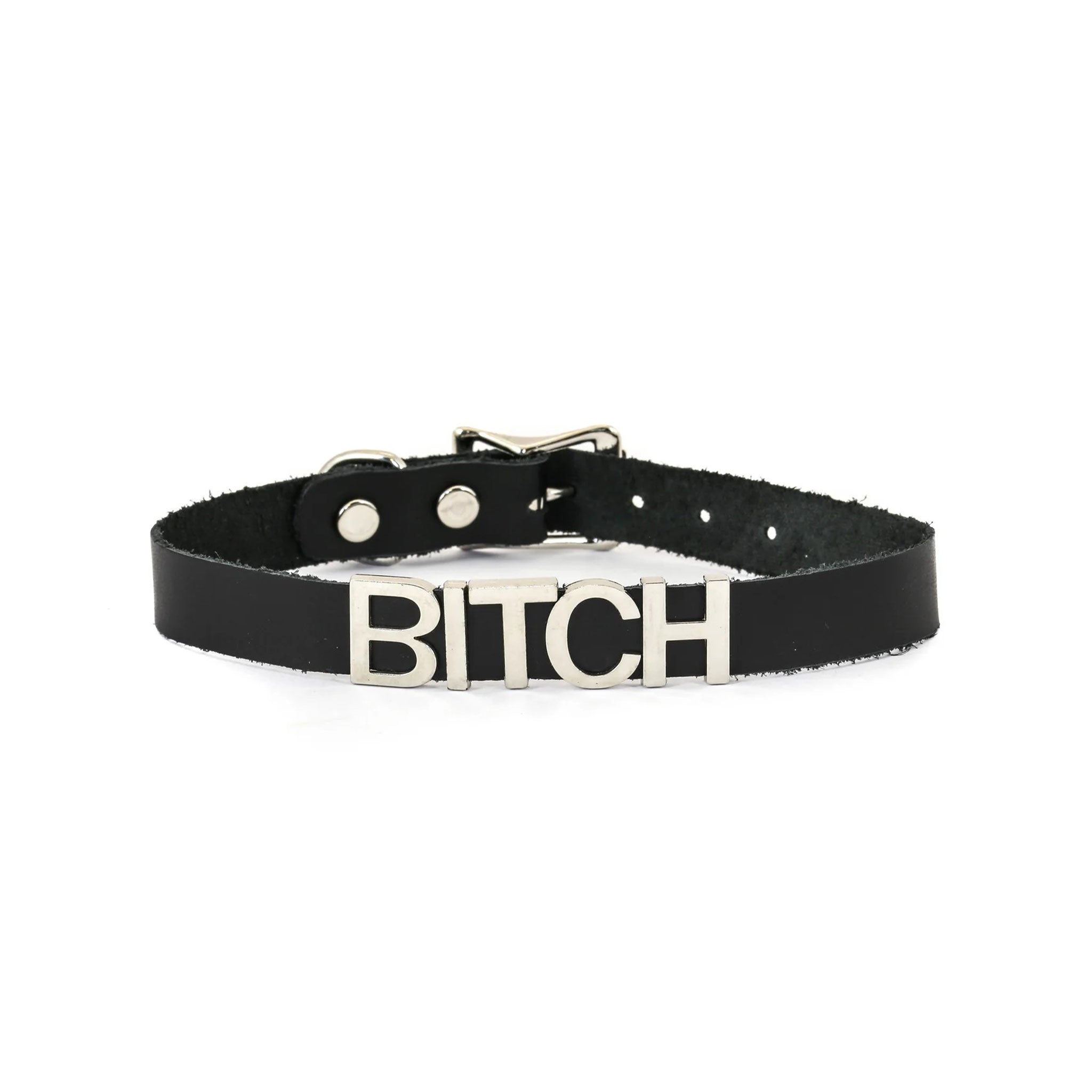 Leather genuine collar choker stainless-steel 3D 3-D letter statement word ID movable adjustable buckle fetish fashion punk goth gothic rave rave-wear costume cosplay accessories black bitch