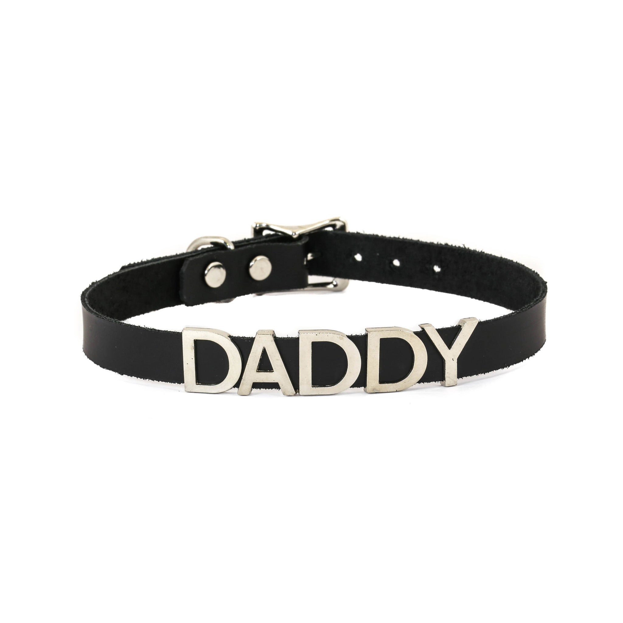 Leather genuine-leather stainless-steel accessories neckwear collar choker 3D 3-D letter statement word ID movable adjustable buckle fetish fashion alt-fashion alternative punk goth gothic rave raver-babe bedroom dungeon bondage bdsm bdsm-fashion bdsm-gear kink kinky kinkwear costume cosplay halloween gifts unisex black daddy