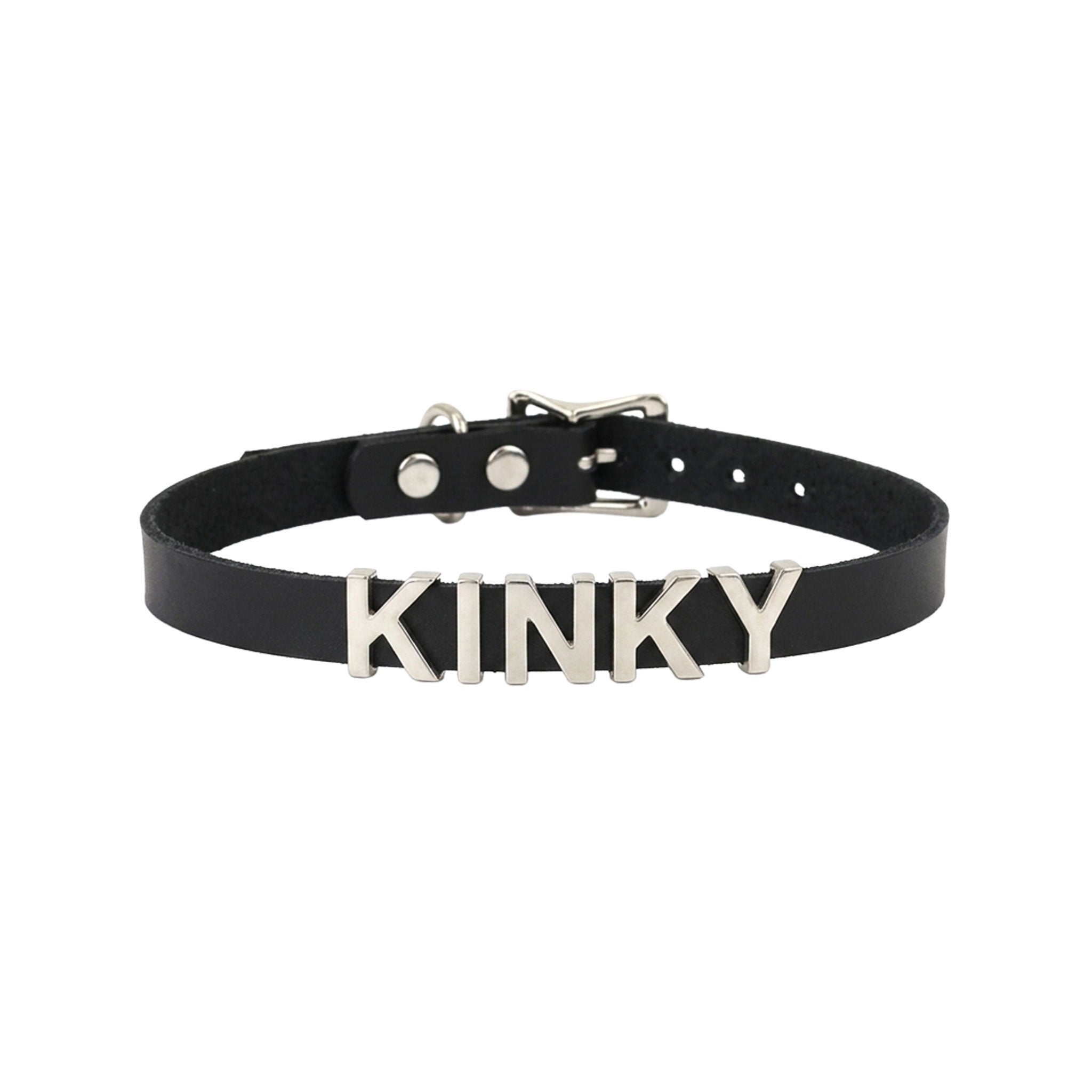 Leather genuine-leather stainless-steel accessories neckwear collar choker 3D 3-D letter statement word ID movable adjustable buckle fetish fashion alt-fashion alternative punk goth gothic rave raver-babe bedroom dungeon bondage bdsm bdsm-fashion bdsm-gear kink kinky kinkwear costume cosplay halloween gifts unisex black kinky