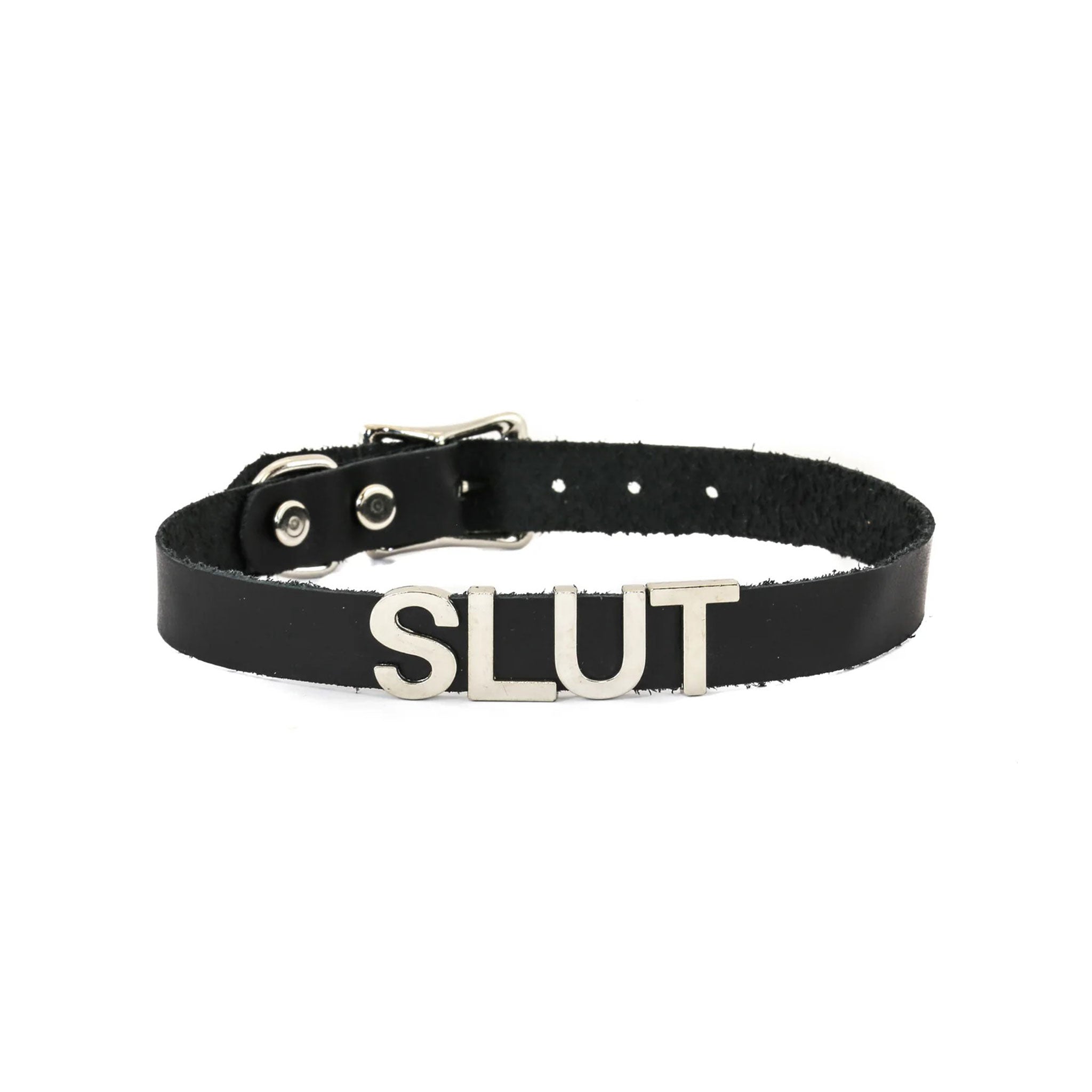 Leather genuine collar choker stainless-steel 3D 3-D letter statement word ID movable adjustable buckle fetish fashion punk goth gothic rave rave-wear costume cosplay accessories black slut