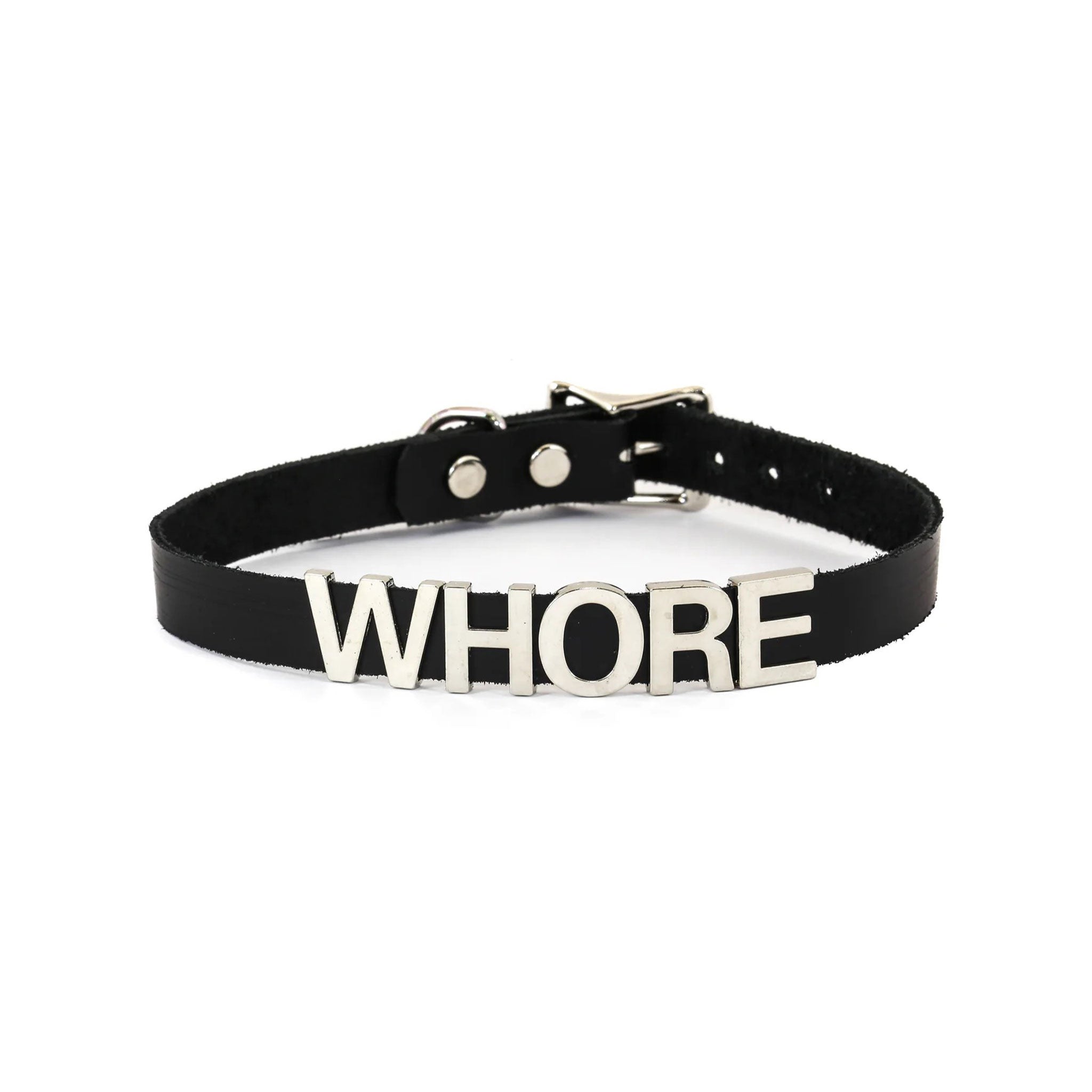 Leather genuine collar choker stainless-steel 3D 3-D letter statement word ID movable adjustable buckle fetish fashion punk goth gothic rave rave-wear costume cosplay accessories black whore