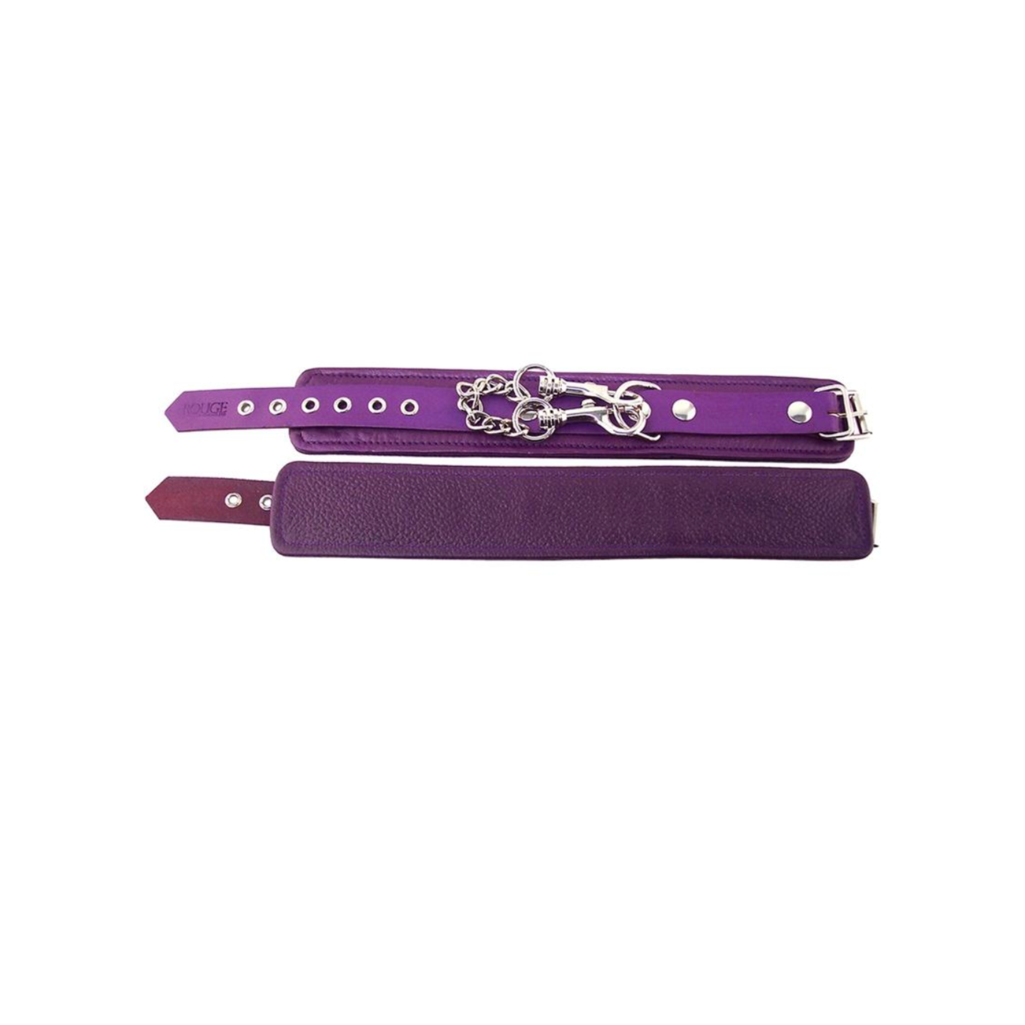 Purple leather adjustable wrist cuffs with detachable trigger hook chain.