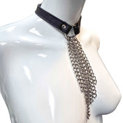 Leather genuine-leather metallic-chain accessories collar choker O-ring D-ring chain-waterfall leash leashes leads rope chain fetish fashion alt-fashion goth gothic bondage bdsm bdsm-gear bdsm-toys kink kinky kinky-play kinkwear costume cosplay halloween unisex black