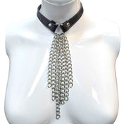 Leather genuine-leather metallic-chain accessories collar choker O-ring D-ring chain-waterfall leash leashes leads rope chain fetish fashion alt-fashion goth gothic bondage bdsm bdsm-gear bdsm-toys kink kinky kinky-play kinkwear costume cosplay halloween unisex black