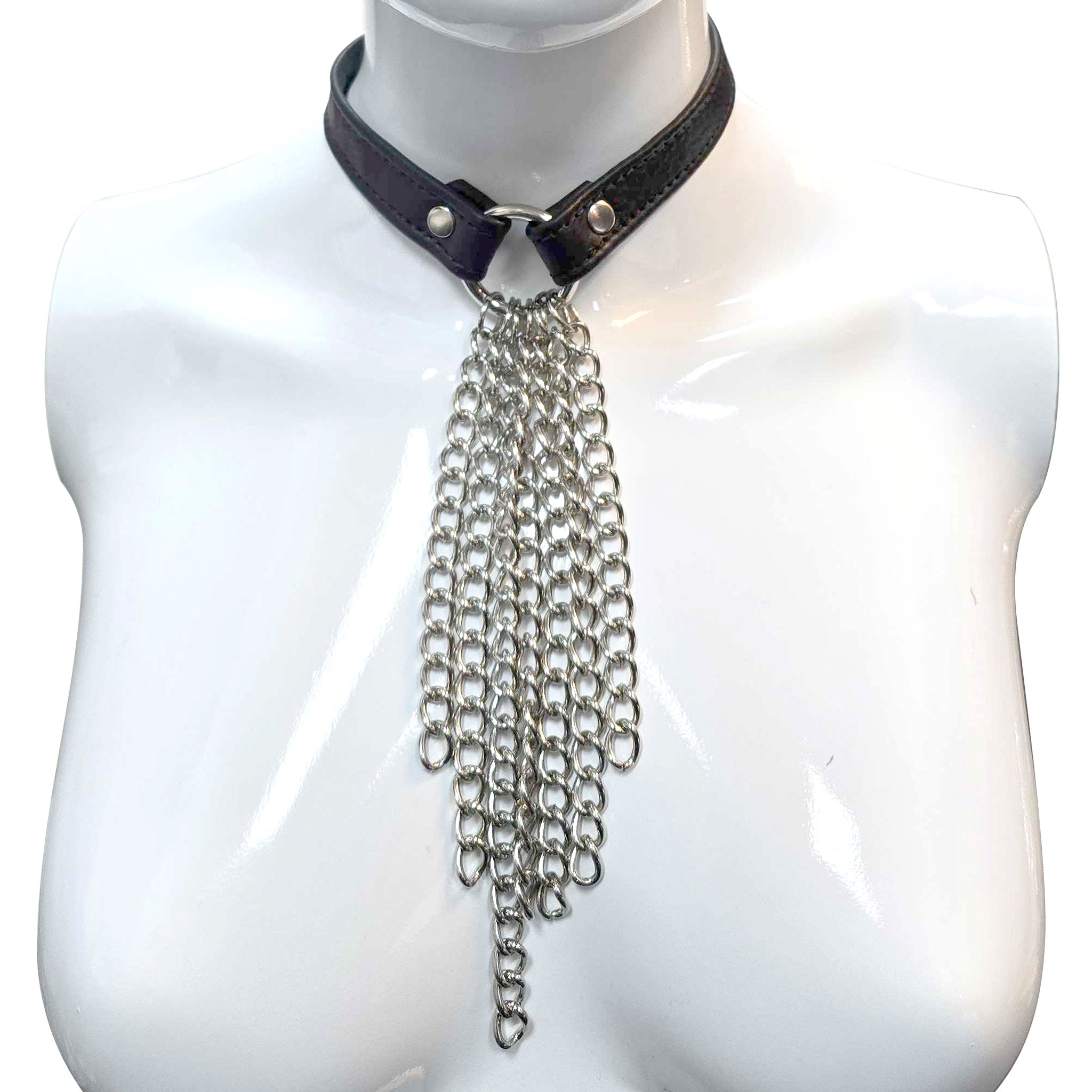 Leather genuine-leather metallic-chain accessories collar choker O-ring D-ring chain-waterfall leash leashes leads rope chain fetish fashion alt-fashion goth gothic bondage bdsm bdsm-gear bdsm-toys kink kinky kinky-play kinkwear costume cosplay halloween unisex black