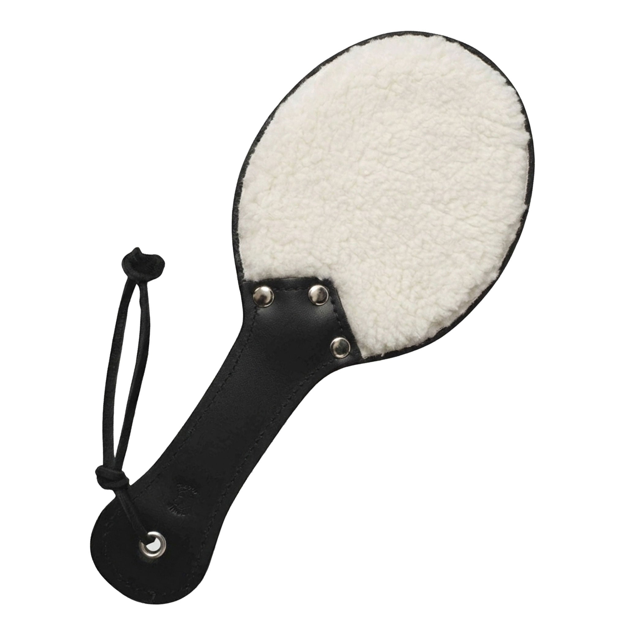Leather genuine-leather accessories paddle dual-sided fleece-lined soft-side secure comfortable playful precision bondage bdsm bdsm-toys bdsm-gear kink kinky kinky-play kinky-toys sadism masochism sadist masochist sadomasochism sadomasochist impact impact-play impact-toys pain discipline spanking sting be-mine stocking-stuffer gift adult-toys unisex white