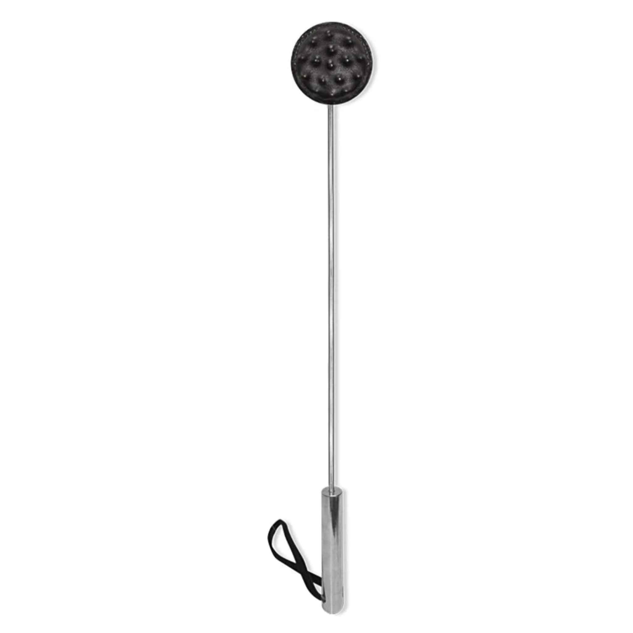 Metal crop, leather-wrapped balls, impact play, BDSM crop, durable metal shaft, fetish accessory.