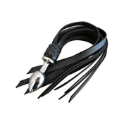 Leather flogger with butt plug handle, dual-purpose BDSM whip, black leather flogger with stainless steel base, impact & insertable pleasure tool, versatile BDSM flogger.