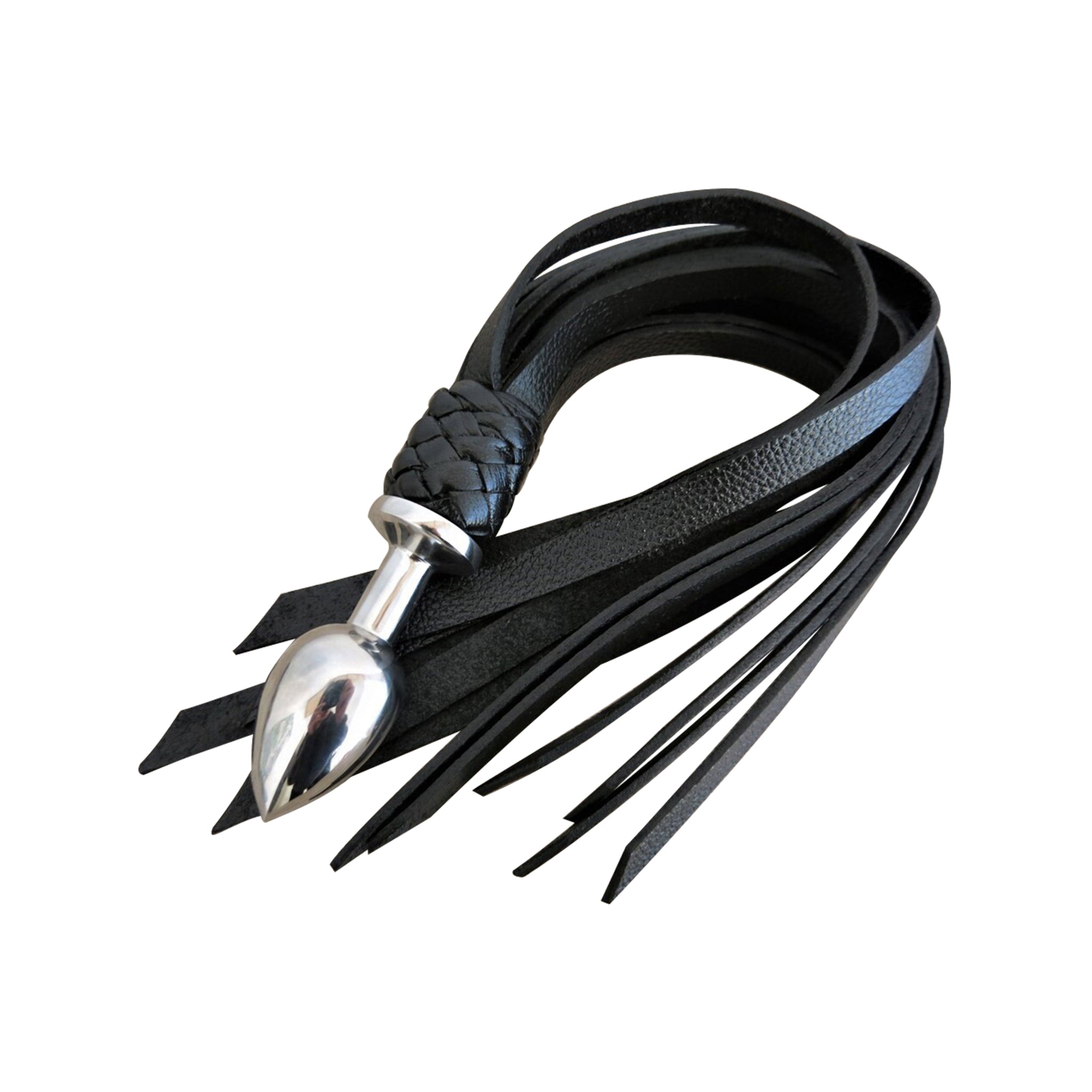 Leather flogger with butt plug handle, dual-purpose BDSM whip, black leather flogger with stainless steel base, impact & insertable pleasure tool, versatile BDSM flogger.