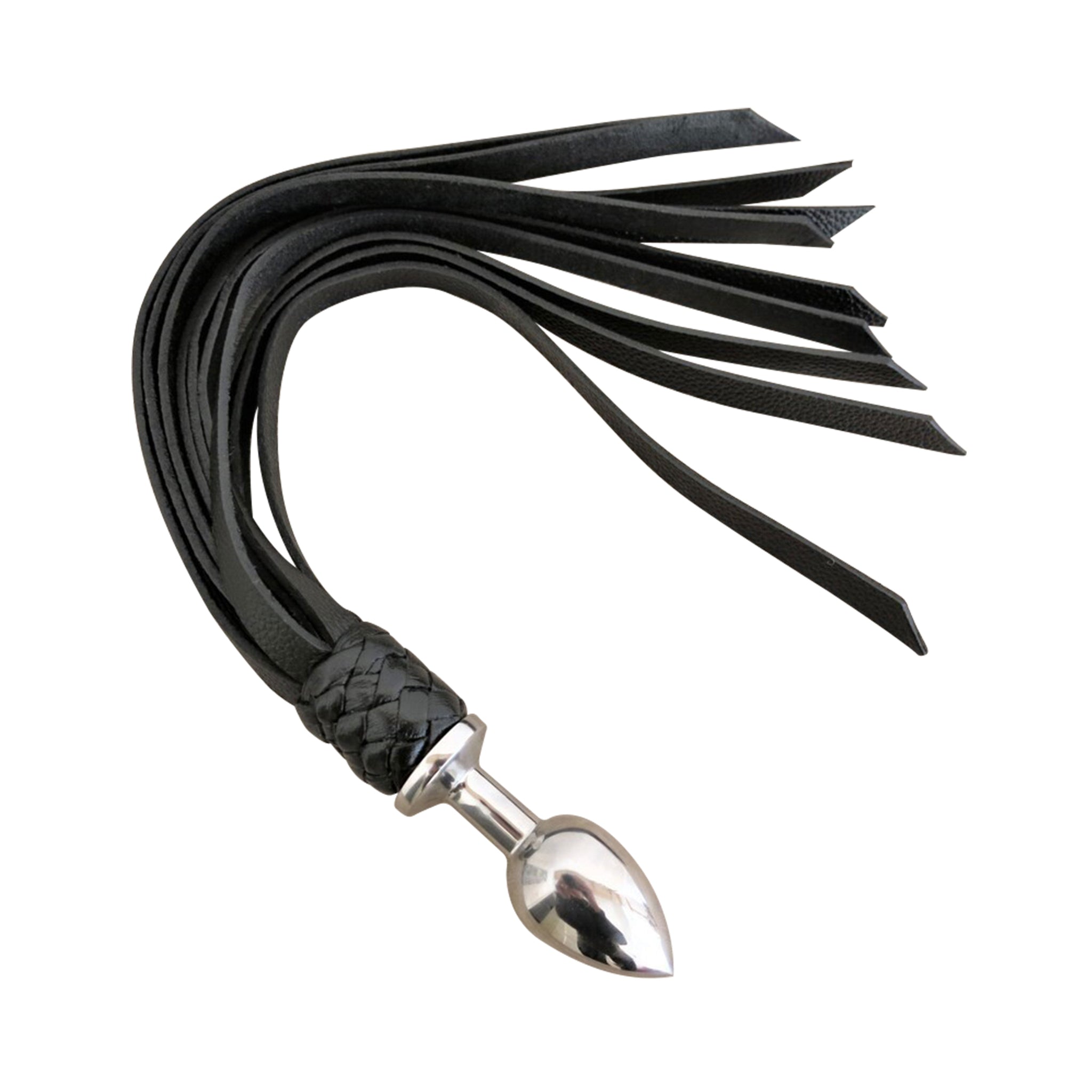 Leather flogger with butt plug handle, dual-purpose BDSM whip, black leather flogger with stainless steel base, impact & insertable pleasure tool, versatile BDSM flogger.