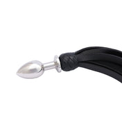 Leather flogger with butt plug handle, dual-purpose BDSM whip, black leather flogger with stainless steel base, impact & insertable pleasure tool, versatile BDSM flogger.