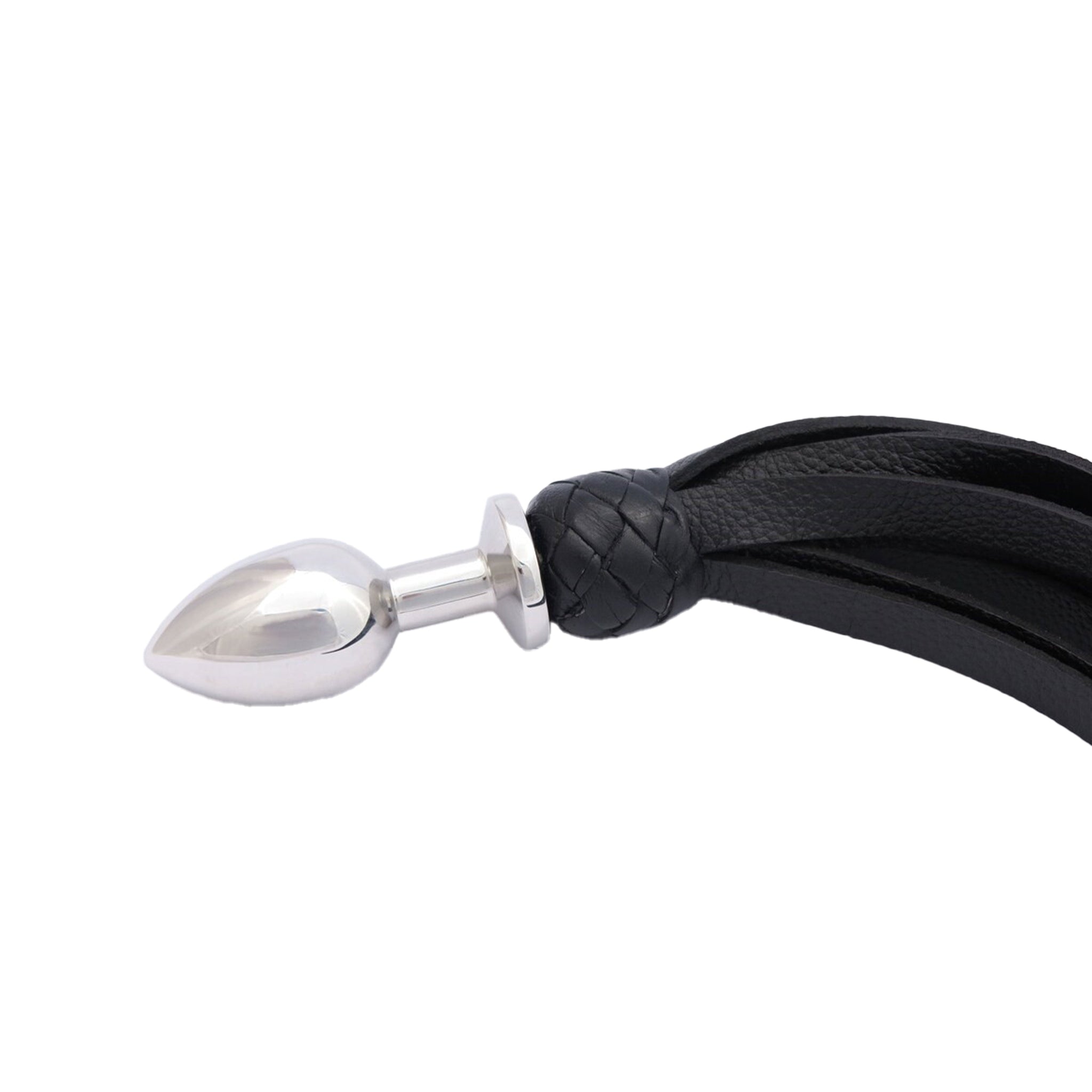 Leather flogger with butt plug handle, dual-purpose BDSM whip, black leather flogger with stainless steel base, impact & insertable pleasure tool, versatile BDSM flogger.