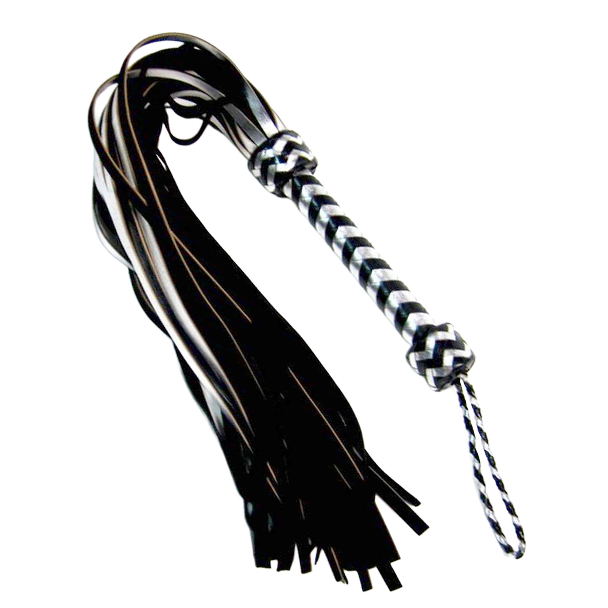 Leather genuine-leather suede-leather metallic-leather metallic-coating accessories flogger suede-falls metallic-falls wrist-loop handle-loop shiny flashy bondage bdsm bdsm-gear bdsm-toys impact impact-toys impact-play kink kinky kinky-play kinky-toys sadism masochism sadomasochism sadist masochist sadomasochist spanking pain discipline adult-toys silver silver-and-black