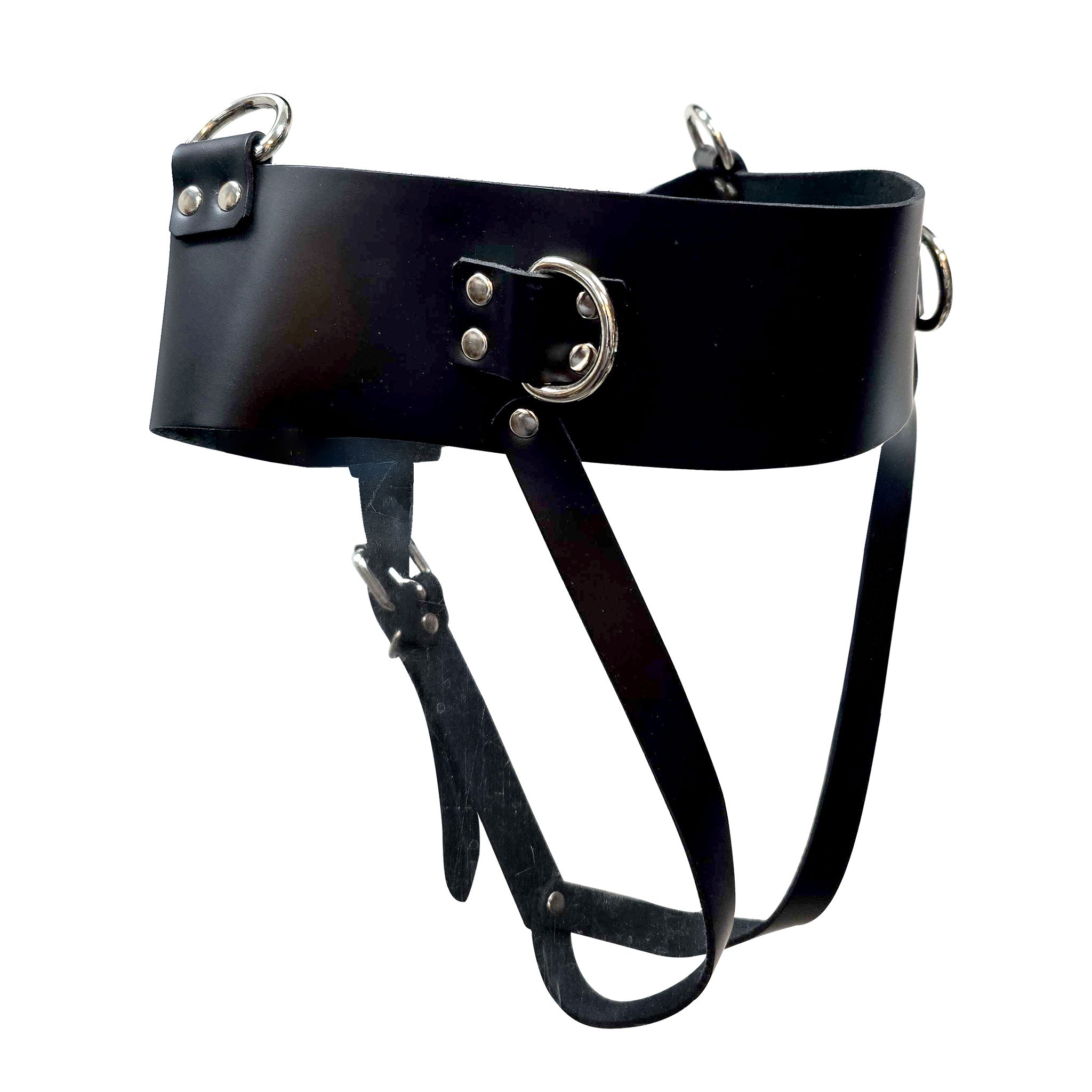 Leather genuine-leather belt waist-belt waist-suspension suspension-belt restraint body-restraint buckle adjustable crotch-belt back-closure buckle-closure D-ring open-crotch open-seat g-string gstring heavy-duty durable freedom practical bondage bdsm bdsm-gear bdsm-toys kink kinky kinky-play suspension-play rope-play unisex black