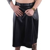 Leatherlook leather-look wetlook PU elastane polyester bottoms skirt kilt wrap-skirt overlap front-panels belt-loops snap-button press-stud back-pockets cool fashion fashionable rock punk daring bold fetish fashion alt-fashion male masculine masc mens menswear guys dudes unisex black 