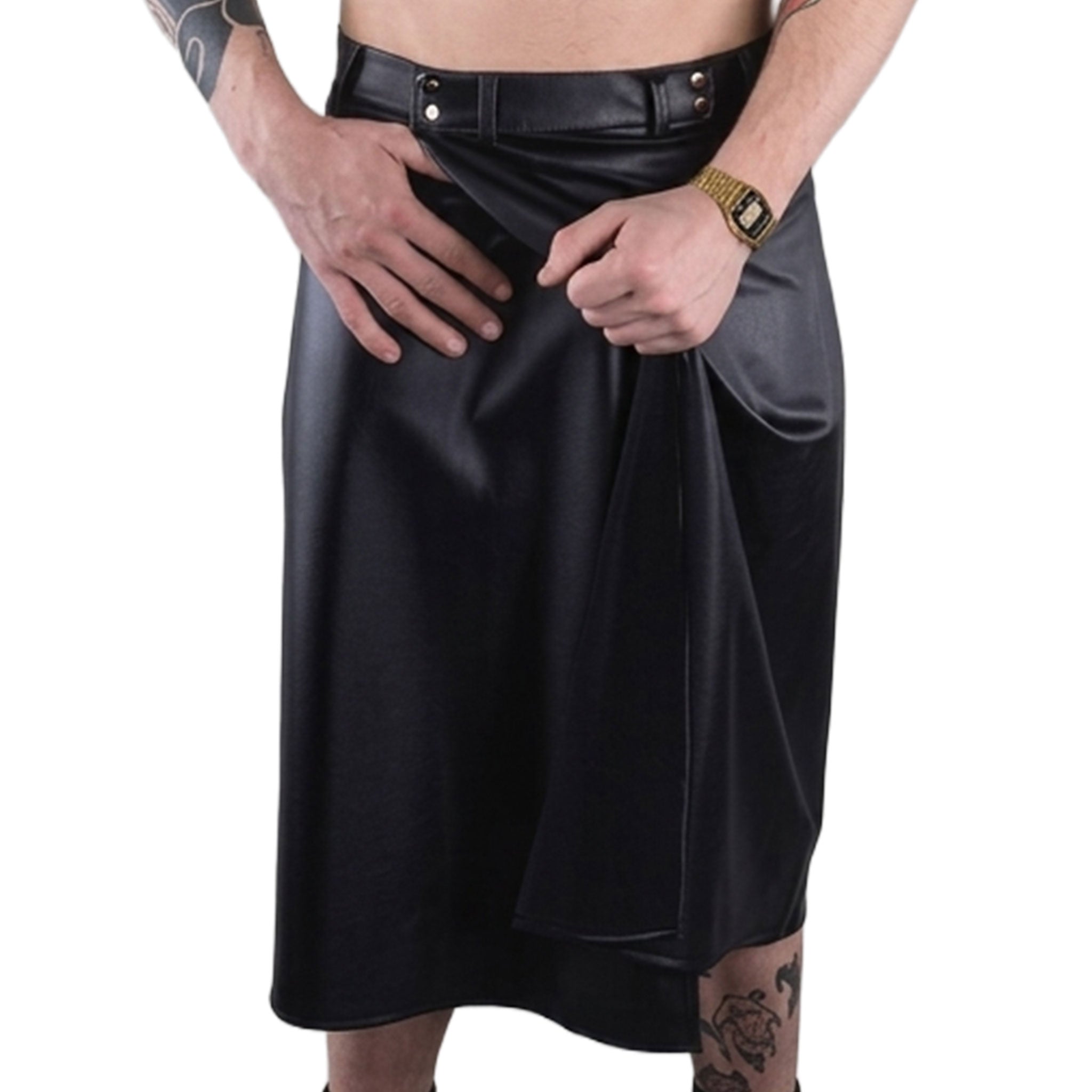 Leatherlook leather-look wetlook PU elastane polyester bottoms skirt kilt wrap-skirt overlap front-panels belt-loops snap-button press-stud back-pockets cool fashion fashionable rock punk daring bold fetish fashion alt-fashion male masculine masc mens menswear guys dudes unisex black 
