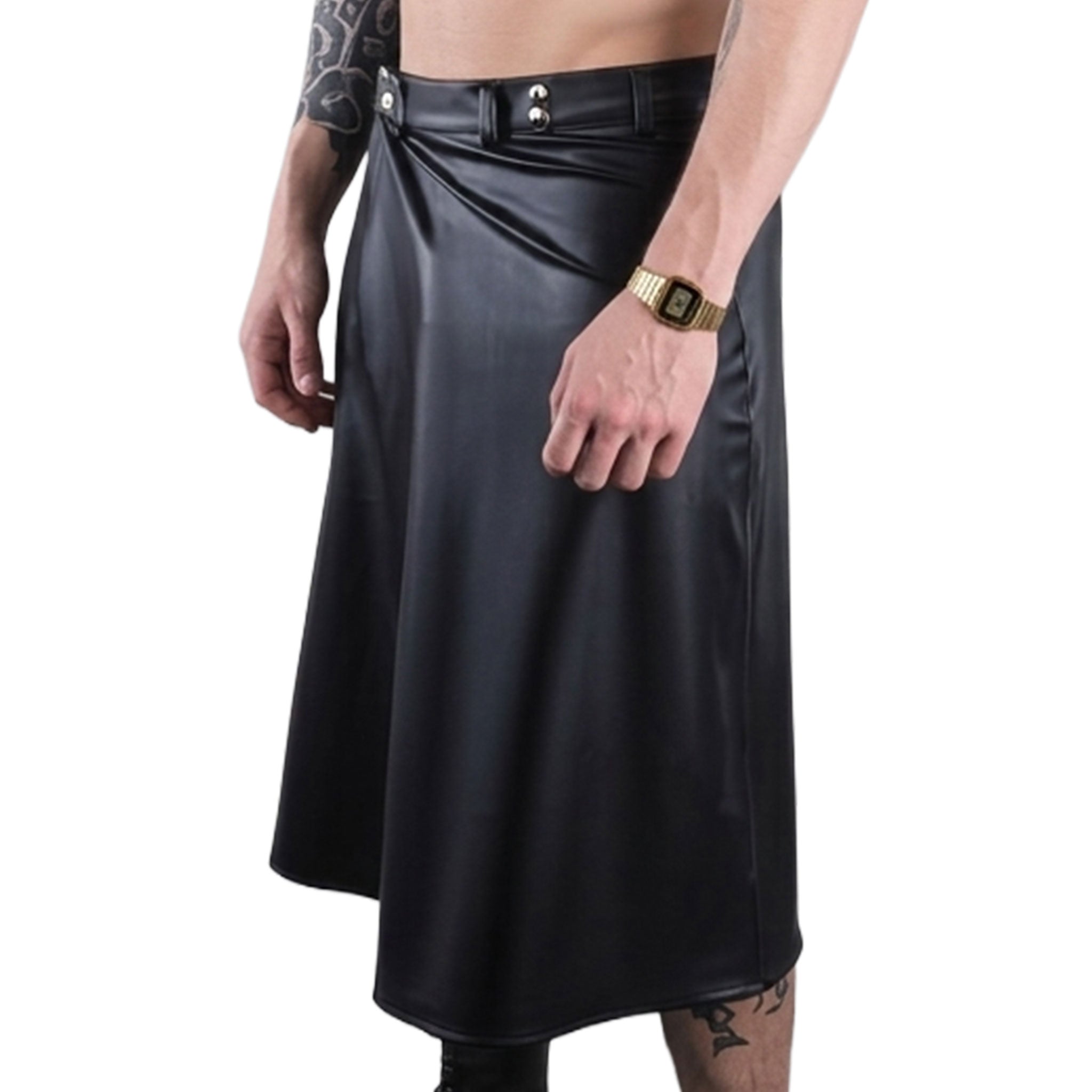 Leatherlook leather-look wetlook PU elastane polyester bottoms skirt kilt wrap-skirt overlap front-panels belt-loops snap-button press-stud back-pockets cool fashion fashionable rock punk daring bold fetish fashion alt-fashion male masculine masc mens menswear guys dudes unisex black 