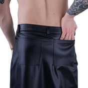Leatherlook leather-look wetlook PU elastane polyester bottoms skirt kilt wrap-skirt overlap front-panels belt-loops snap-button press-stud back-pockets cool fashion fashionable rock punk daring bold fetish fashion alt-fashion male masculine masc mens menswear guys dudes unisex black 