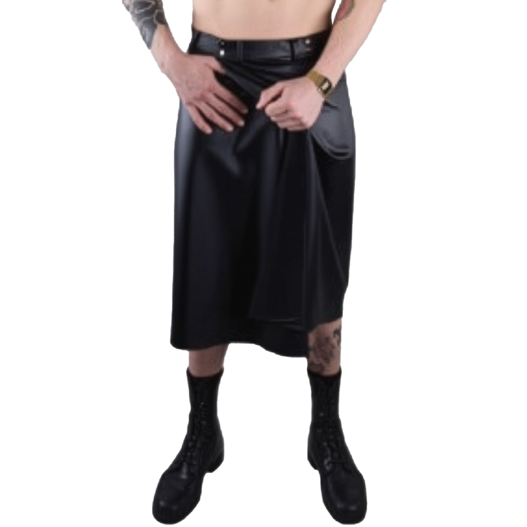 Leatherlook leather-look wetlook PU elastane polyester bottoms skirt kilt wrap-skirt overlap front-panels belt-loops snap-button press-stud back-pockets cool fashion fashionable rock punk daring bold fetish fashion alt-fashion male masculine masc mens menswear guys dudes unisex black 