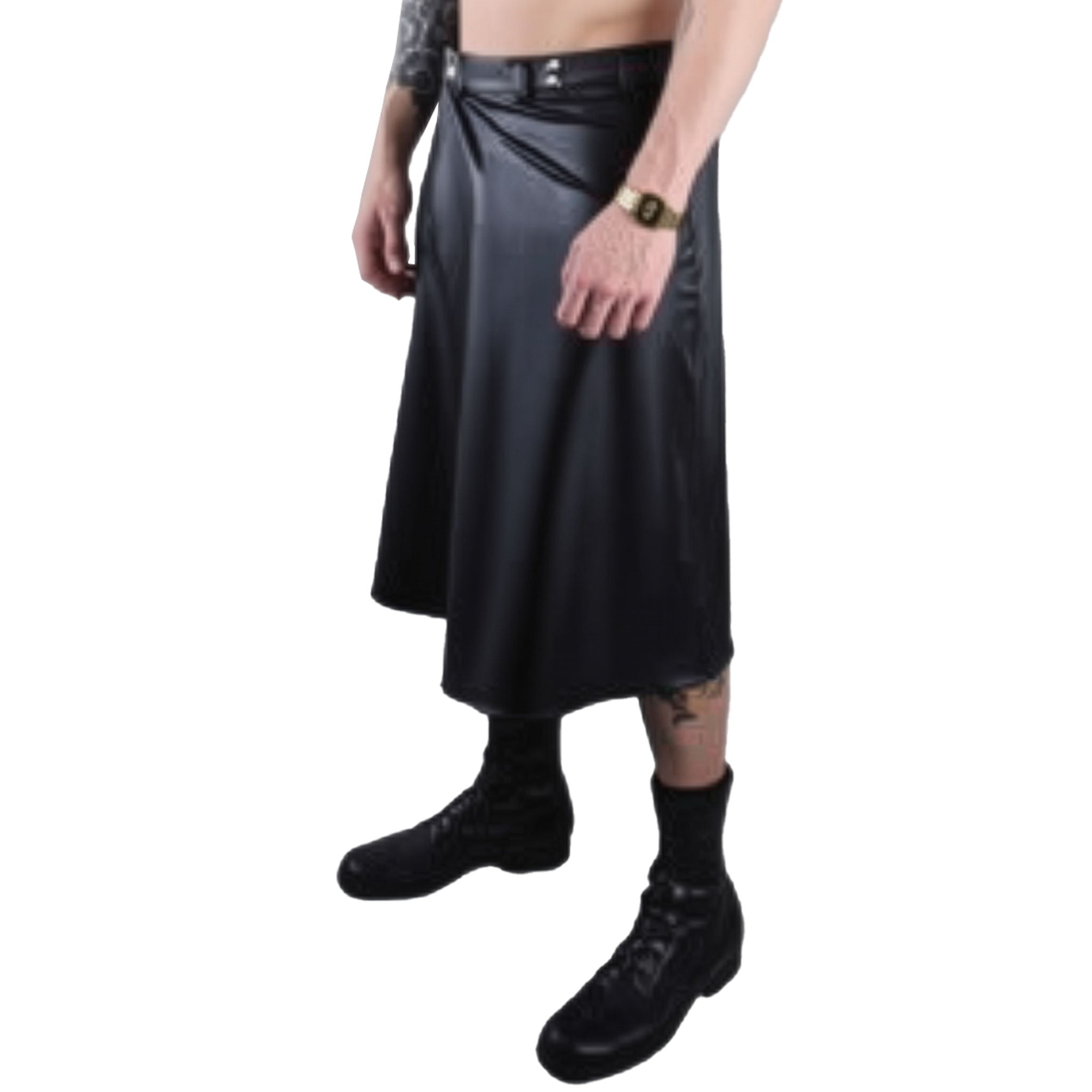 Leatherlook leather-look wetlook PU elastane polyester bottoms skirt kilt wrap-skirt overlap front-panels belt-loops snap-button press-stud back-pockets cool fashion fashionable rock punk daring bold fetish fashion alt-fashion male masculine masc mens menswear guys dudes unisex black 