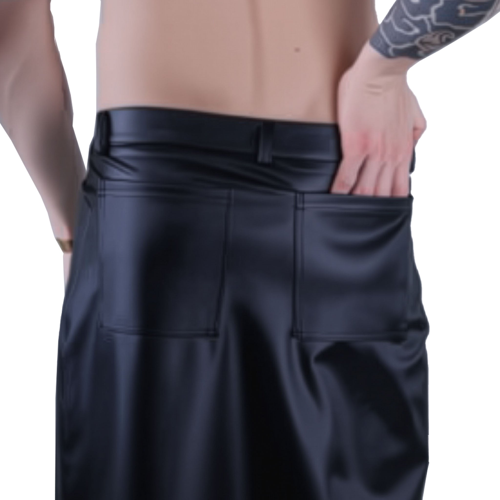 Leatherlook leather-look wetlook PU elastane polyester bottoms skirt kilt wrap-skirt overlap front-panels belt-loops snap-button press-stud back-pockets cool fashion fashionable rock punk daring bold fetish fashion alt-fashion male masculine masc mens menswear guys dudes unisex black 