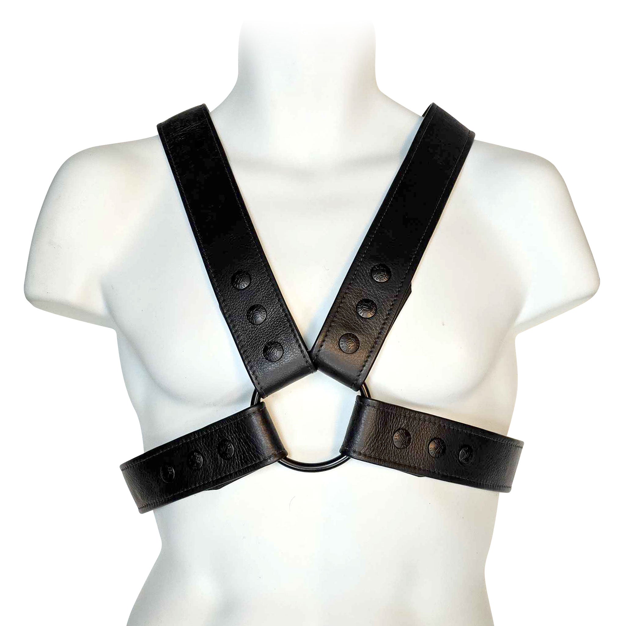 Leather genuine-leather garment-leather top harness chest-harness O-ring snap-button press-stud adjustable kink kinky kinky-gear exhibitionism fetish fashion alt-fashion costume cosplay halloween gladiator warrior male masculine masc mens menswear guys dudes gay pride black