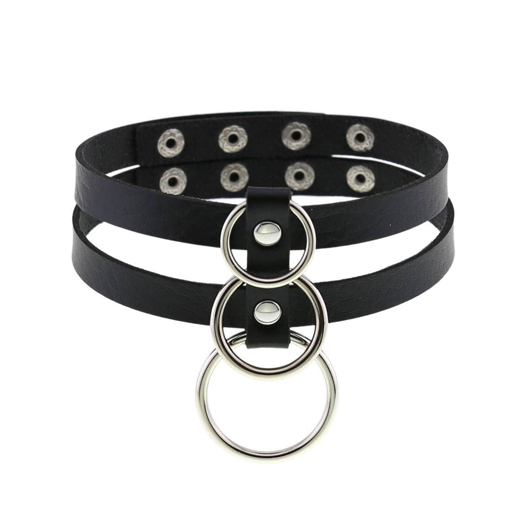 Leather accessories neckwear choker collar dual-strap O-ring triple-ring adjustable back-closure snap-button press-stud simple sexy lightweight breathable fetish fashion alt-fashion alternative punk goth gothic bondage-collar bondage bdsm bdsm-gear bdsm-toys kink kinky kinkwear costume cosplay halloween halloween-acessories gifts unisex black