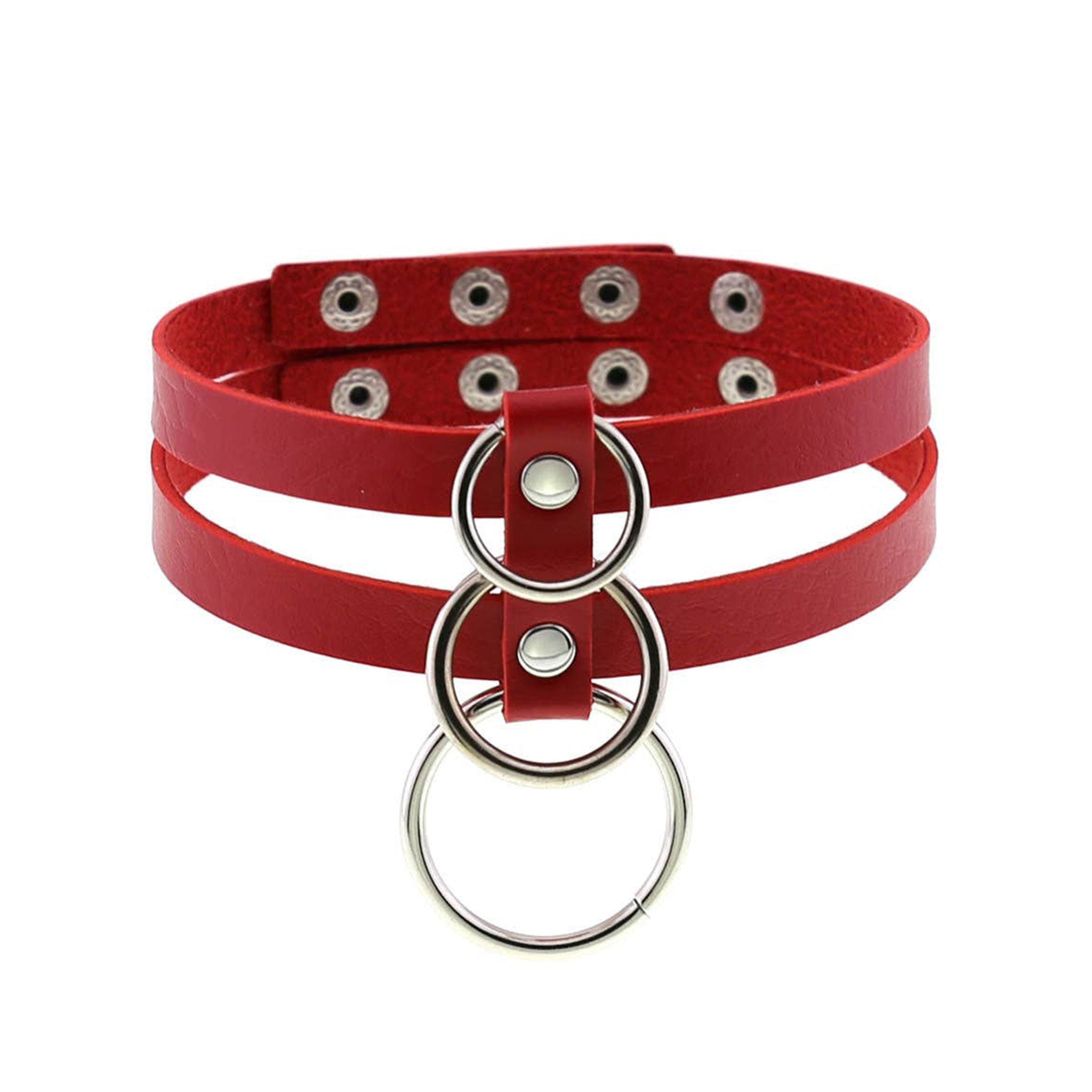 Leather accessories neckwear choker collar dual-strap O-ring triple-ring adjustable back-closure snap-button press-stud simple sexy lightweight breathable fetish fashion alt-fashion alternative punk goth gothic bondage-collar bondage bdsm bdsm-gear bdsm-toys kink kinky kinkwear costume cosplay halloween halloween-acessories gifts unisex red