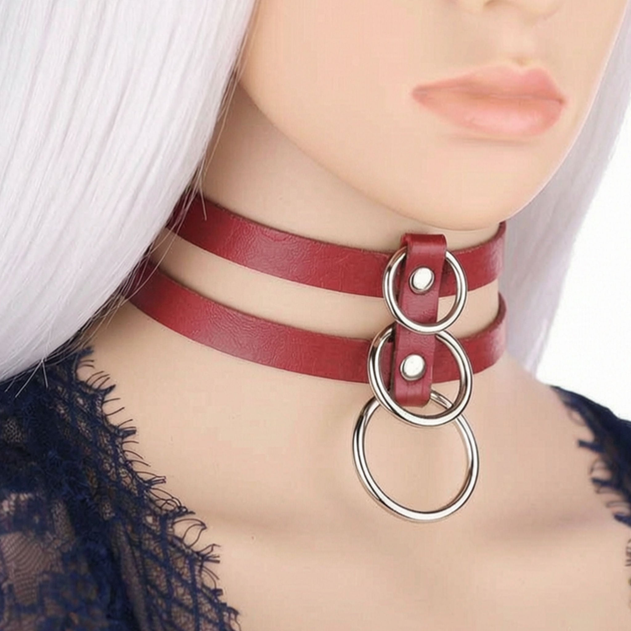 Leather accessories neckwear choker collar dual-strap O-ring triple-ring adjustable back-closure snap-button press-stud simple sexy lightweight breathable fetish fashion alt-fashion alternative punk goth gothic bondage-collar bondage bdsm bdsm-gear bdsm-toys kink kinky kinkwear costume cosplay halloween halloween-acessories gifts unisex red