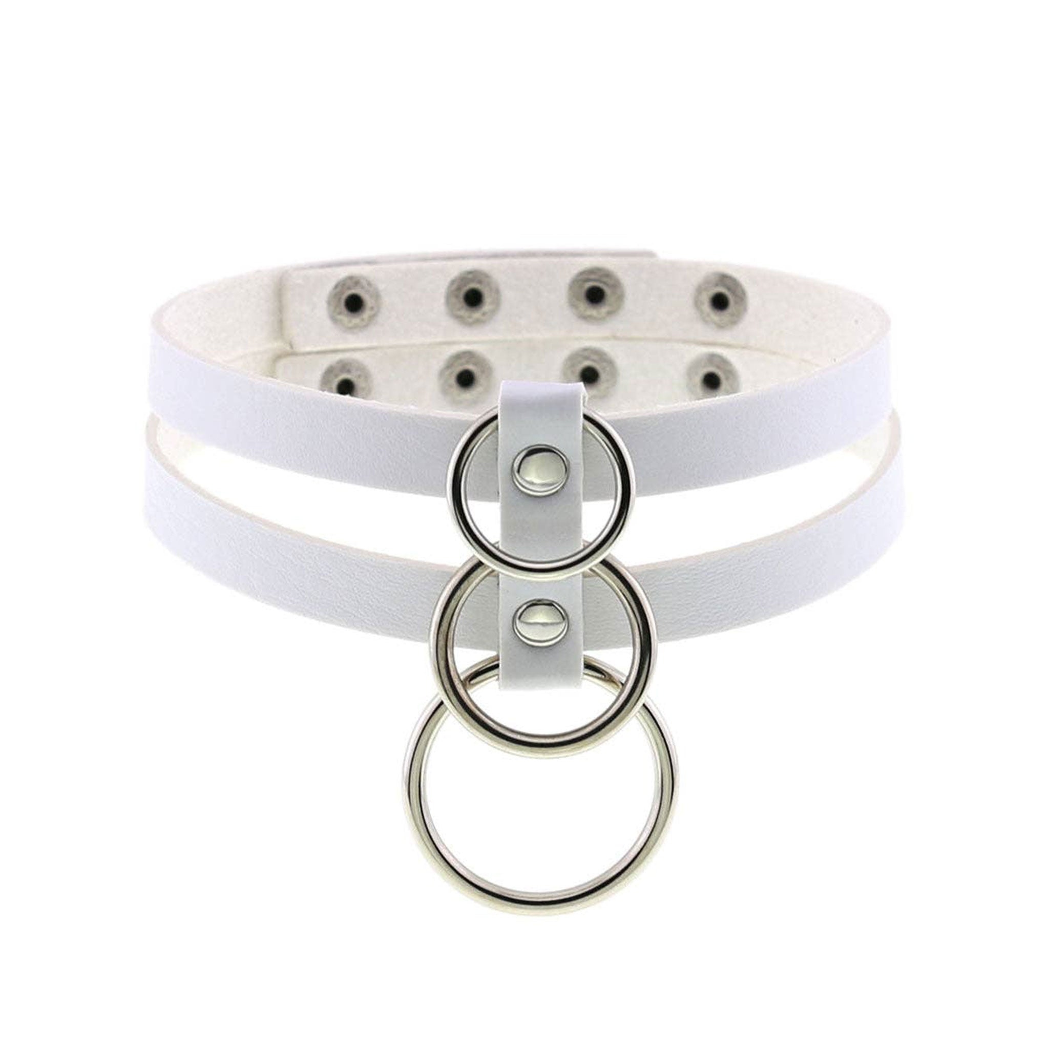 Leather accessories neckwear choker collar dual-strap O-ring triple-ring adjustable back-closure snap-button press-stud simple sexy lightweight breathable fetish fashion alt-fashion alternative punk goth gothic bondage-collar bondage bdsm bdsm-gear bdsm-toys kink kinky kinkwear costume cosplay halloween halloween-acessories gifts unisex white 