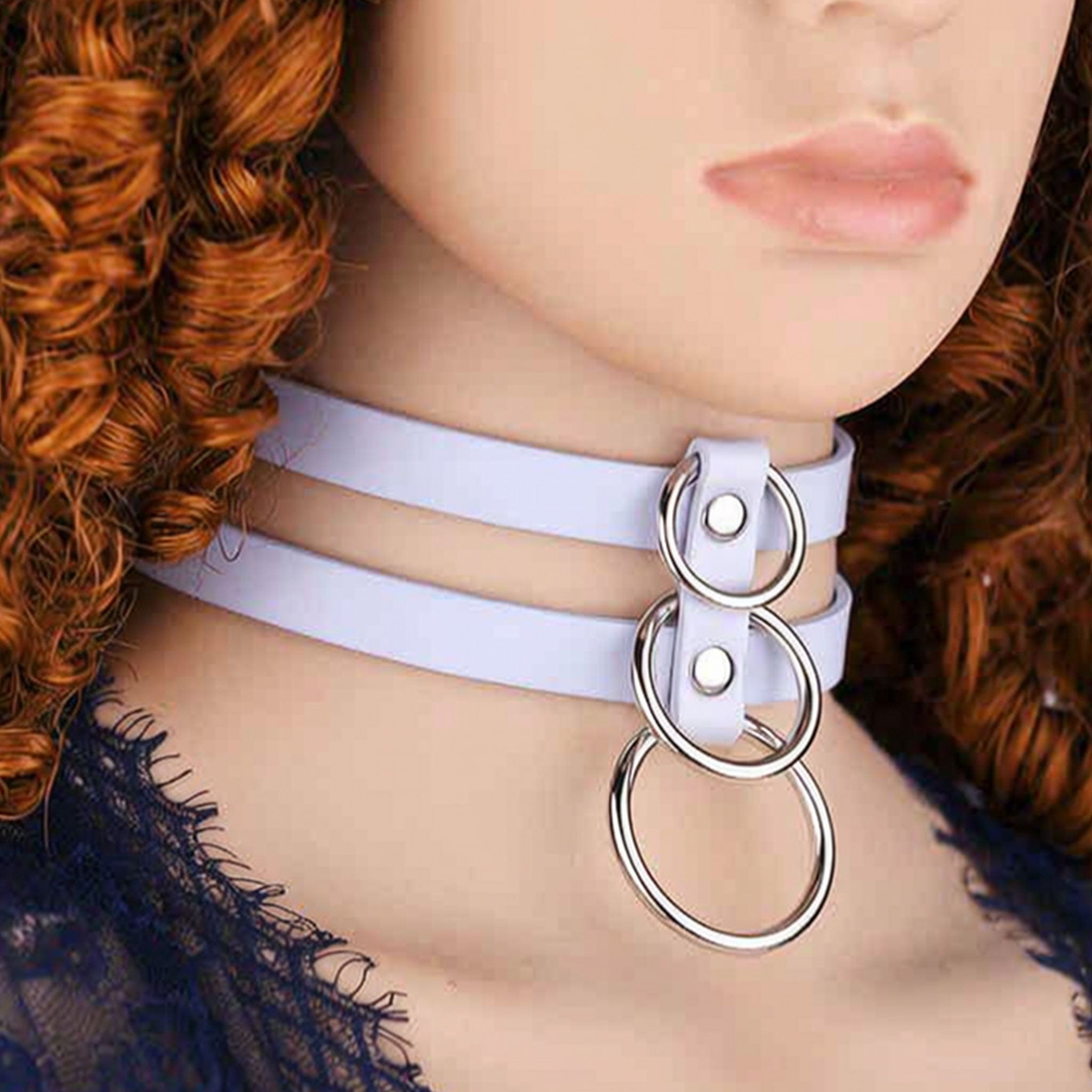 Leather accessories neckwear choker collar dual-strap O-ring triple-ring adjustable back-closure snap-button press-stud simple sexy lightweight breathable fetish fashion alt-fashion alternative punk goth gothic bondage-collar bondage bdsm bdsm-gear bdsm-toys kink kinky kinkwear costume cosplay halloween halloween-acessories gifts unisex white
