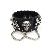 Leather Skull Chain Bracelet, bold design, leather with chain accents.
