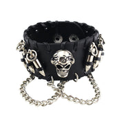 Leather hanging-chain accessories arm-gear jewelry bracelet bullet-studs 3d-skull engraved-skull press-stud snap-button adjustable woven-edge bold fetish fashion alt-fashion punk rock rockstar biker rock-climber costume cosplay halloween gift unisex black