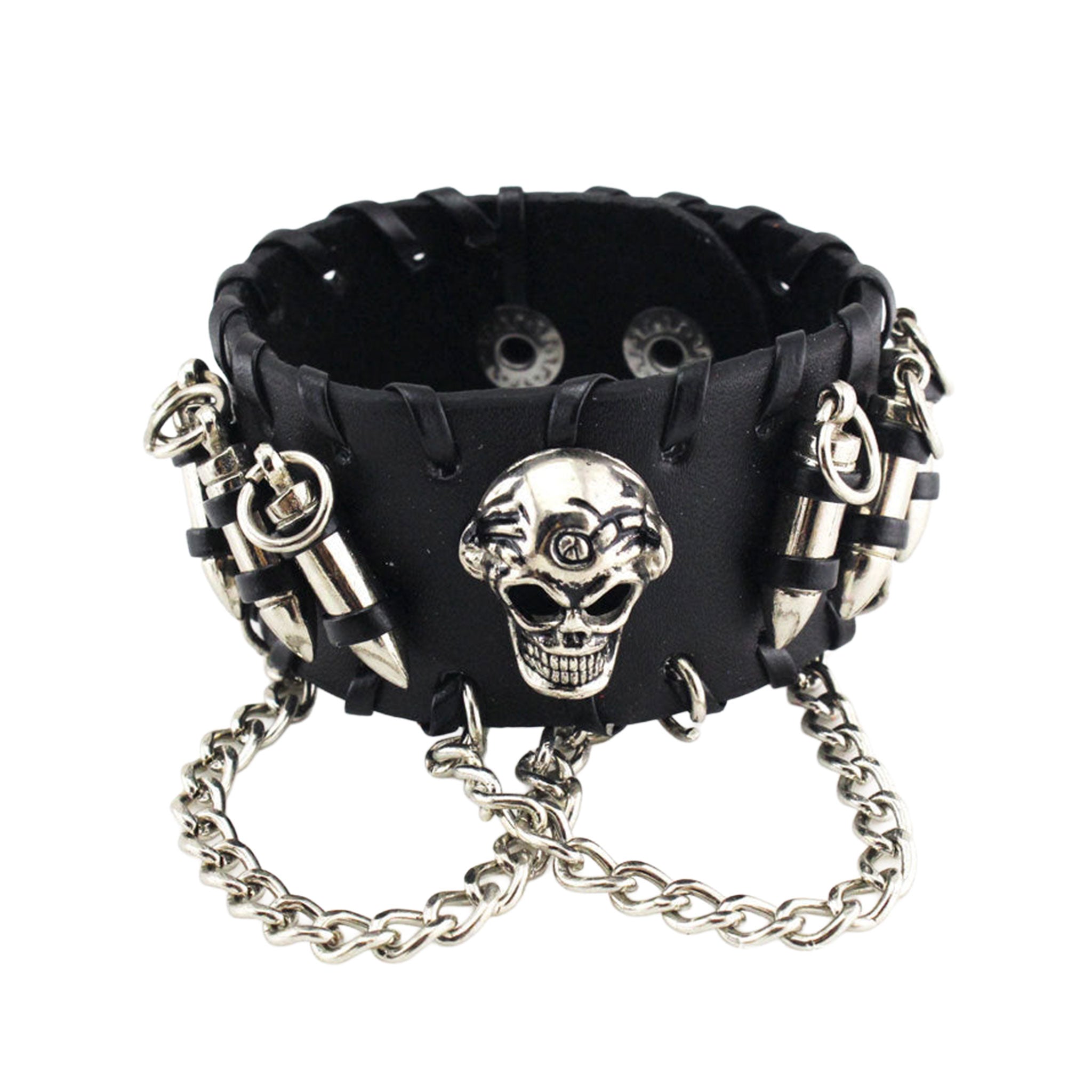 Leather hanging-chain accessories arm-gear jewelry bracelet bullet-studs 3d-skull engraved-skull press-stud snap-button adjustable woven-edge bold fetish fashion alt-fashion punk rock rockstar biker rock-climber costume cosplay halloween gift unisex black