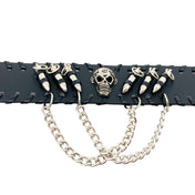 Leather hanging-chain accessories arm-gear jewelry bracelet bullet-studs 3d-skull engraved-skull press-stud snap-button adjustable woven-edge bold fetish fashion alt-fashion punk rock rockstar biker rock-climber costume cosplay halloween gift unisex black