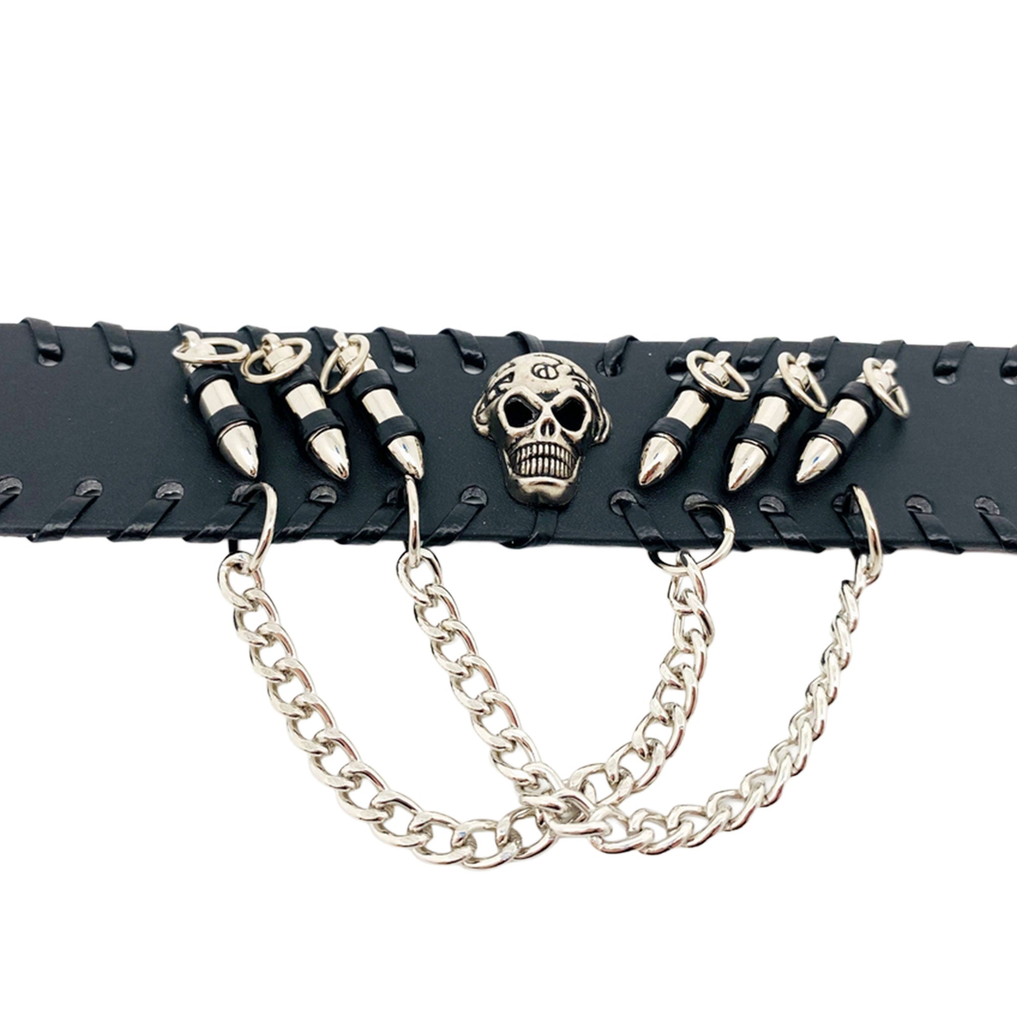 Leather hanging-chain accessories arm-gear jewelry bracelet bullet-studs 3d-skull engraved-skull press-stud snap-button adjustable woven-edge bold fetish fashion alt-fashion punk rock rockstar biker rock-climber costume cosplay halloween gift unisex black
