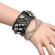 Leather hanging-chain accessories arm-gear jewelry bracelet bullet-studs 3d-skull engraved-skull press-stud snap-button adjustable woven-edge bold fetish fashion alt-fashion punk rock rockstar biker rock-climber costume cosplay halloween gift unisex black