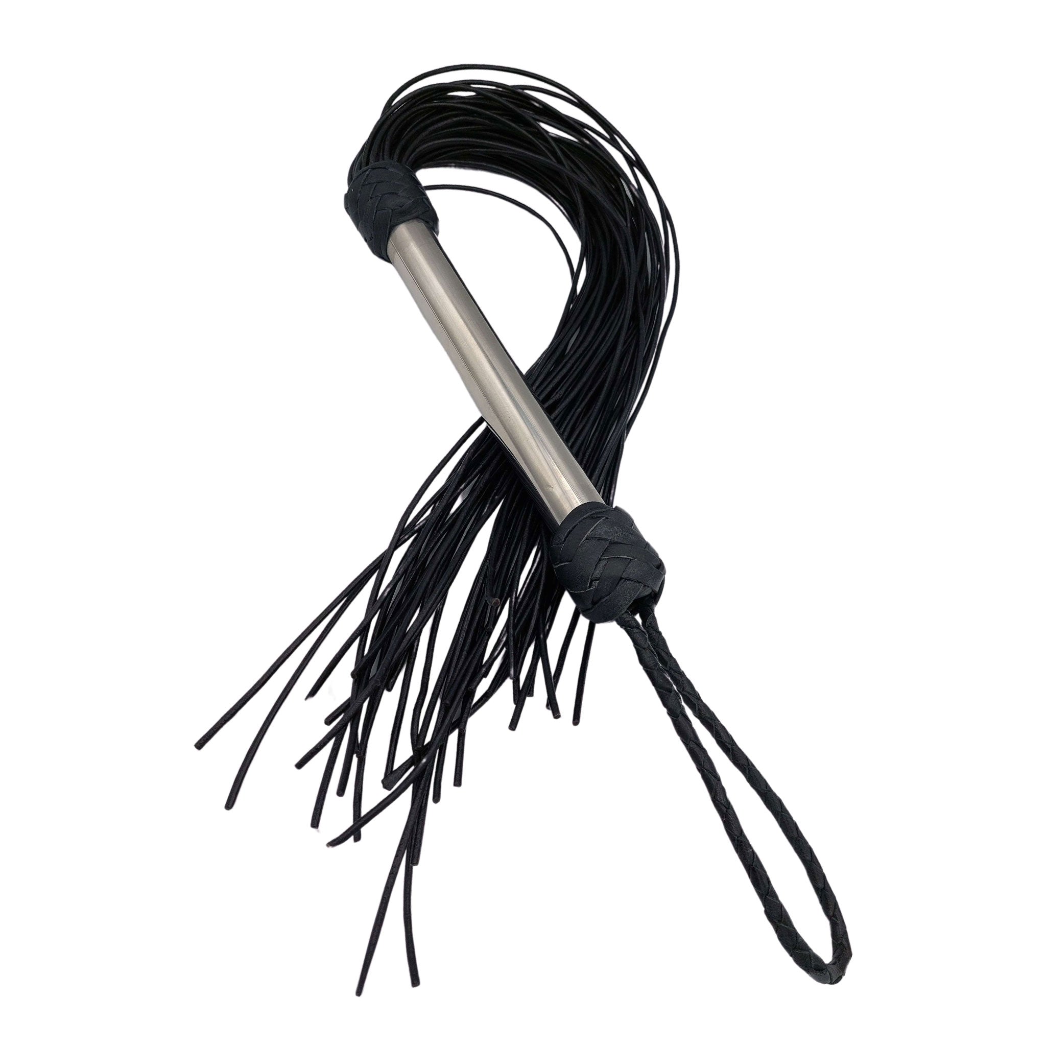 Leather wire braided genuine metallic handle flogger whip stinging wire-thin bondage bdsm sadism masochism sadomasochism impact impact-play impact-toys kink kinky kinky-play adult-toys black silver