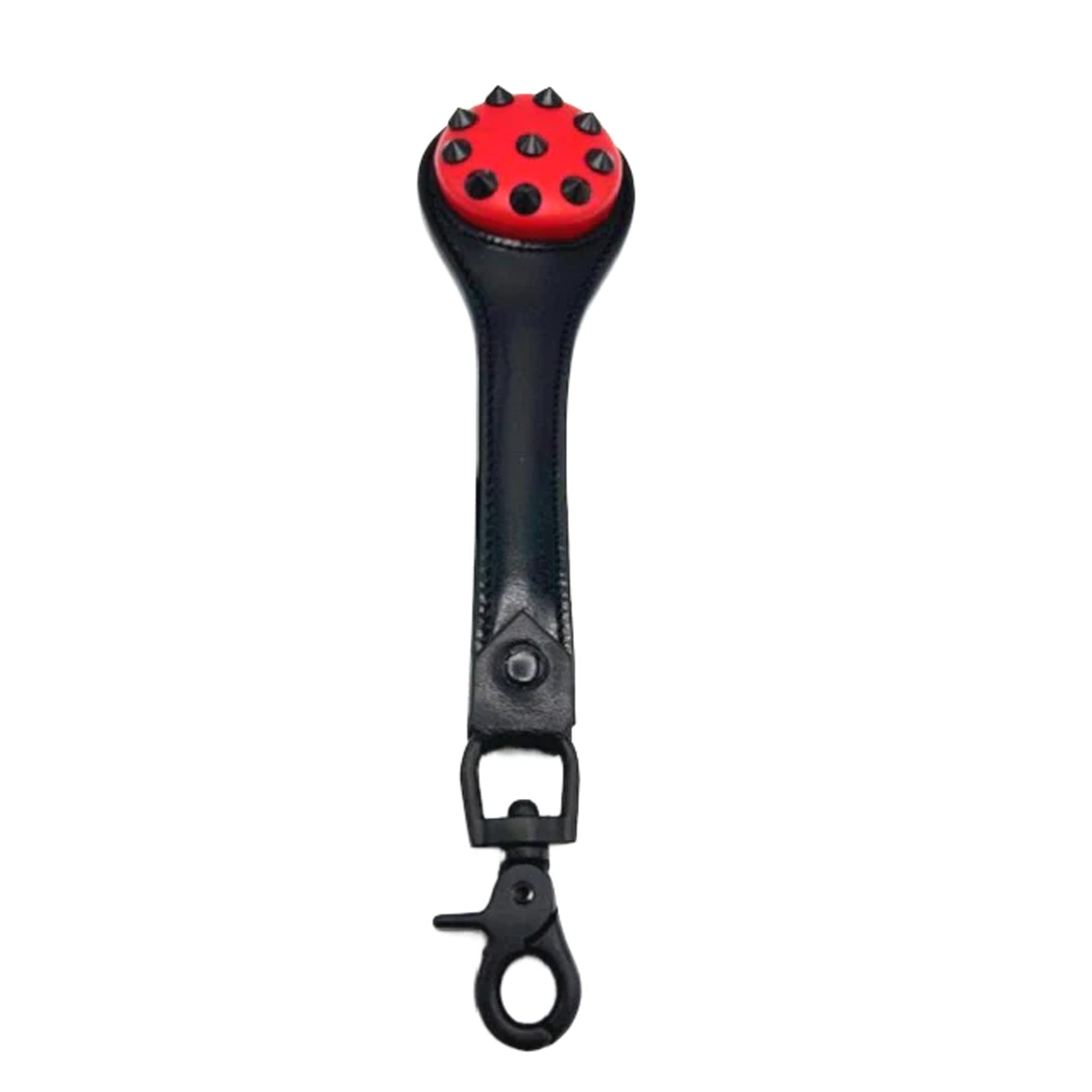 Leather studded puppy paddle, black and red BDSM paddle, impact play gear, studded leather paddle with trigger snap clip.