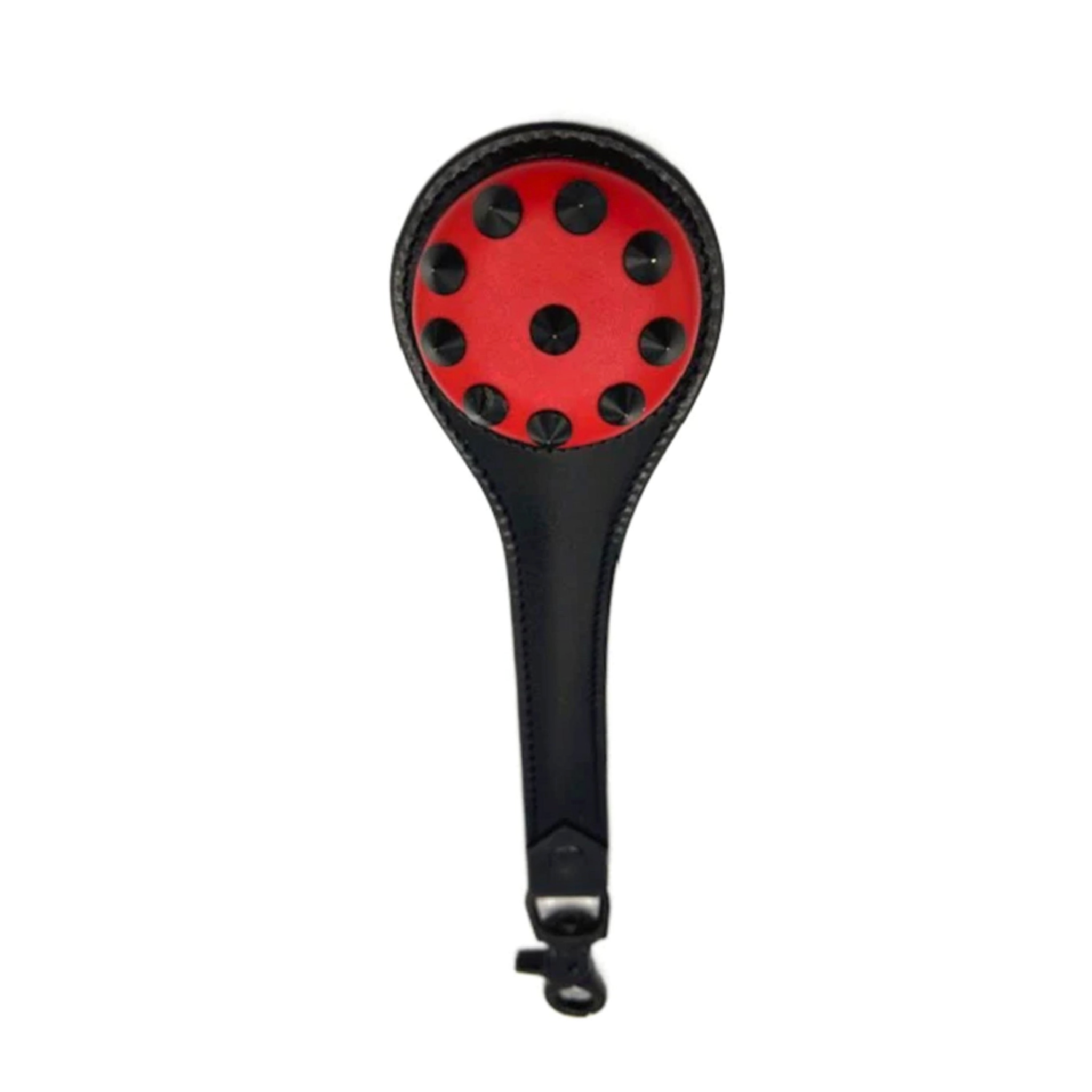 Leather studded puppy paddle, black and red BDSM paddle, impact play gear, studded leather paddle with trigger snap clip.