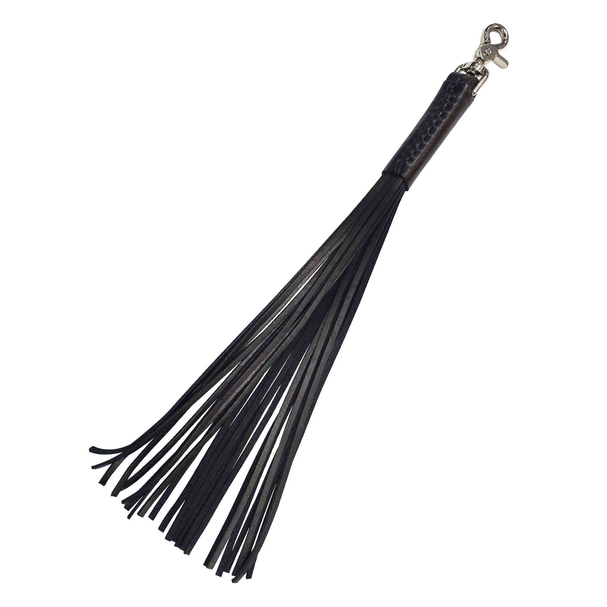 Leather genuine whip flogger thong snapping snap sleeve-handle trigger-clasp bedroom-weapon bondage bdsm bdsm-gear sadism masochism sadomasochism spanking impact impact-toys impact-play accessories black