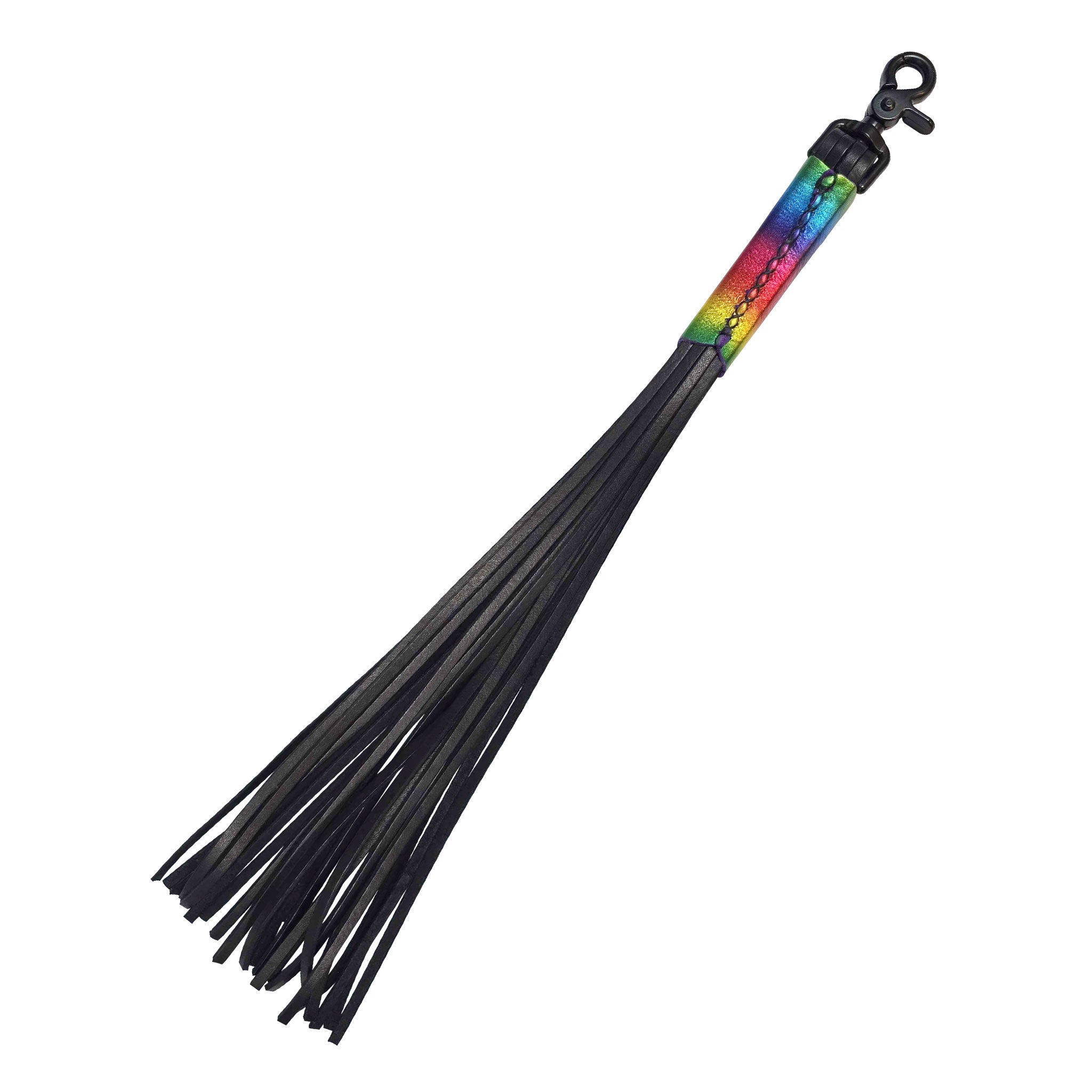 Leather genuine whip flogger thong snapping snap sleeve-handle trigger-clasp bedroom-weapon bondage bdsm bdsm-gear sadism masochism sadomasochism spanking impact impact-toys impact-play accessories black rainbow