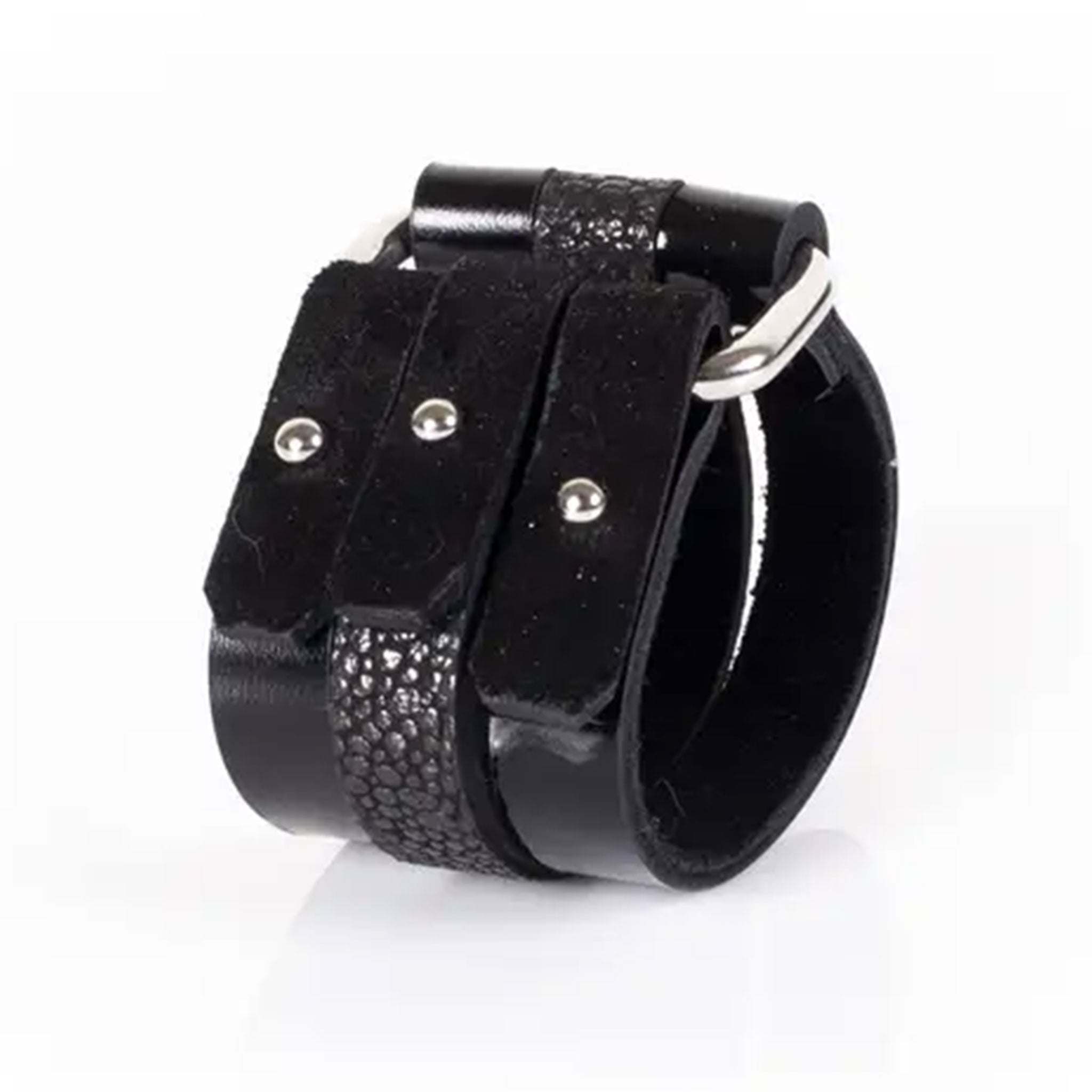 Premium patent vegan coach leather wrist cuff bracelet triple band punch-through clasp modern elegant bold distinct layered textured simple sophisticated sleek contemporary 